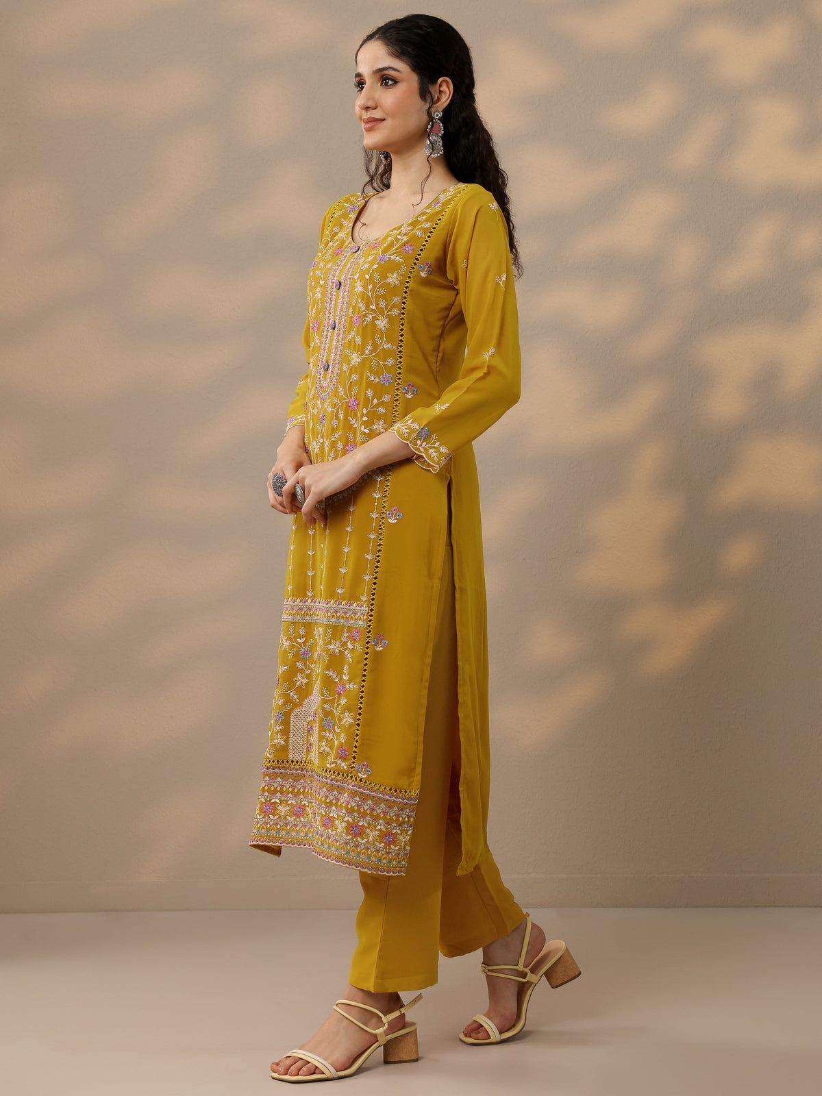 Anouk Mustard Embroidered Georgette Straight Suit Set With Dupatta