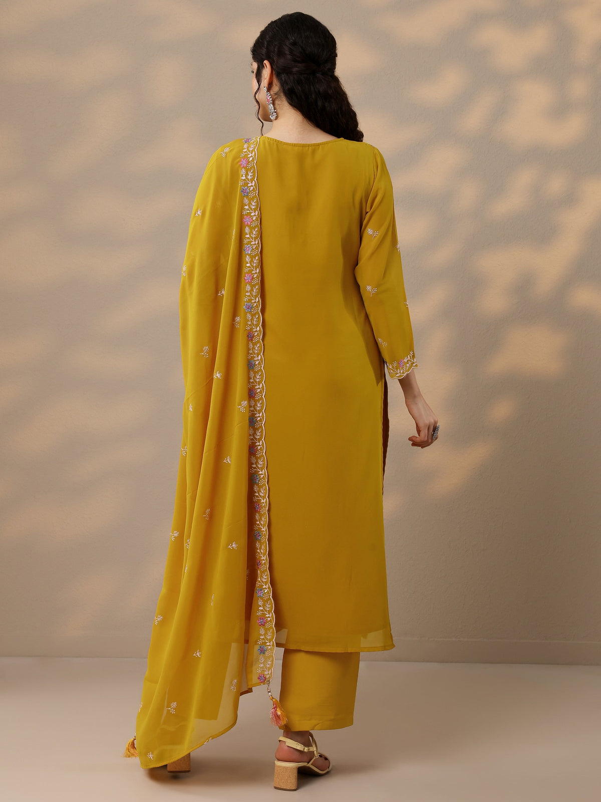 Anouk Mustard Embroidered Georgette Straight Suit Set With Dupatta