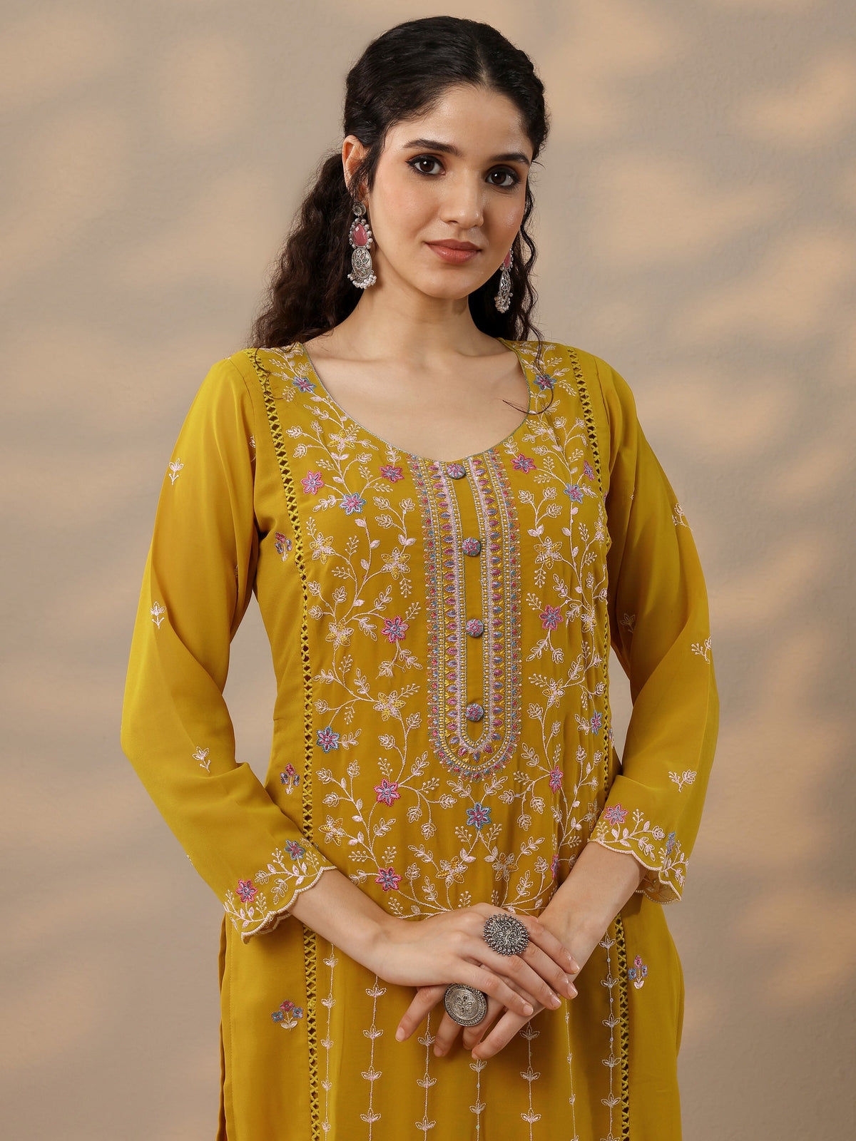 Anouk Mustard Embroidered Georgette Straight Suit Set With Dupatta