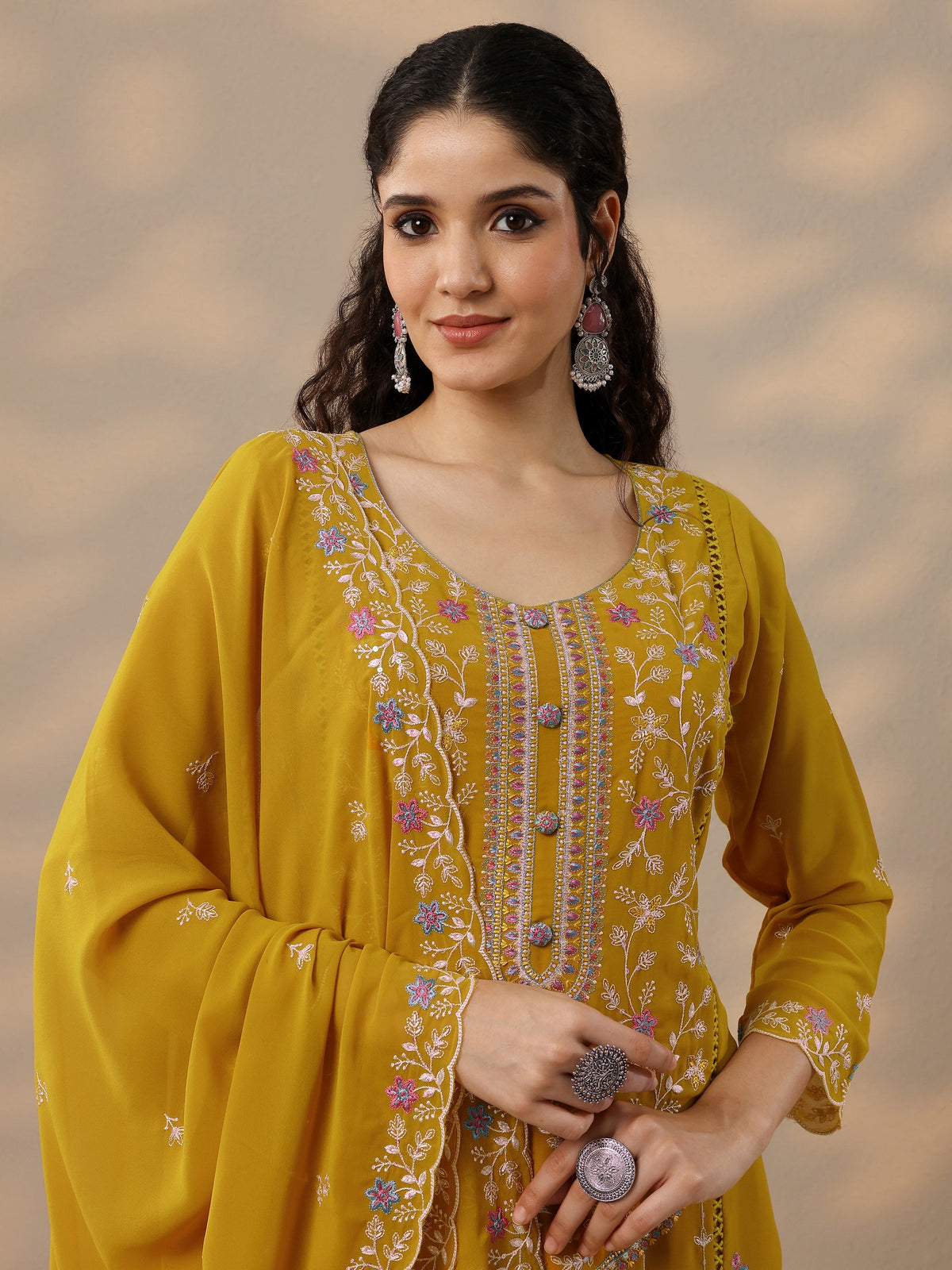 Anouk Mustard Embroidered Georgette Straight Suit Set With Dupatta