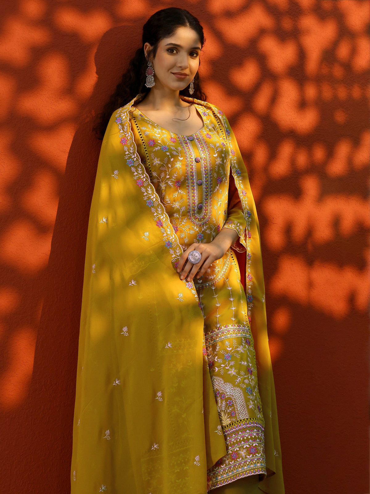 Anouk Mustard Embroidered Georgette Straight Suit Set With Dupatta