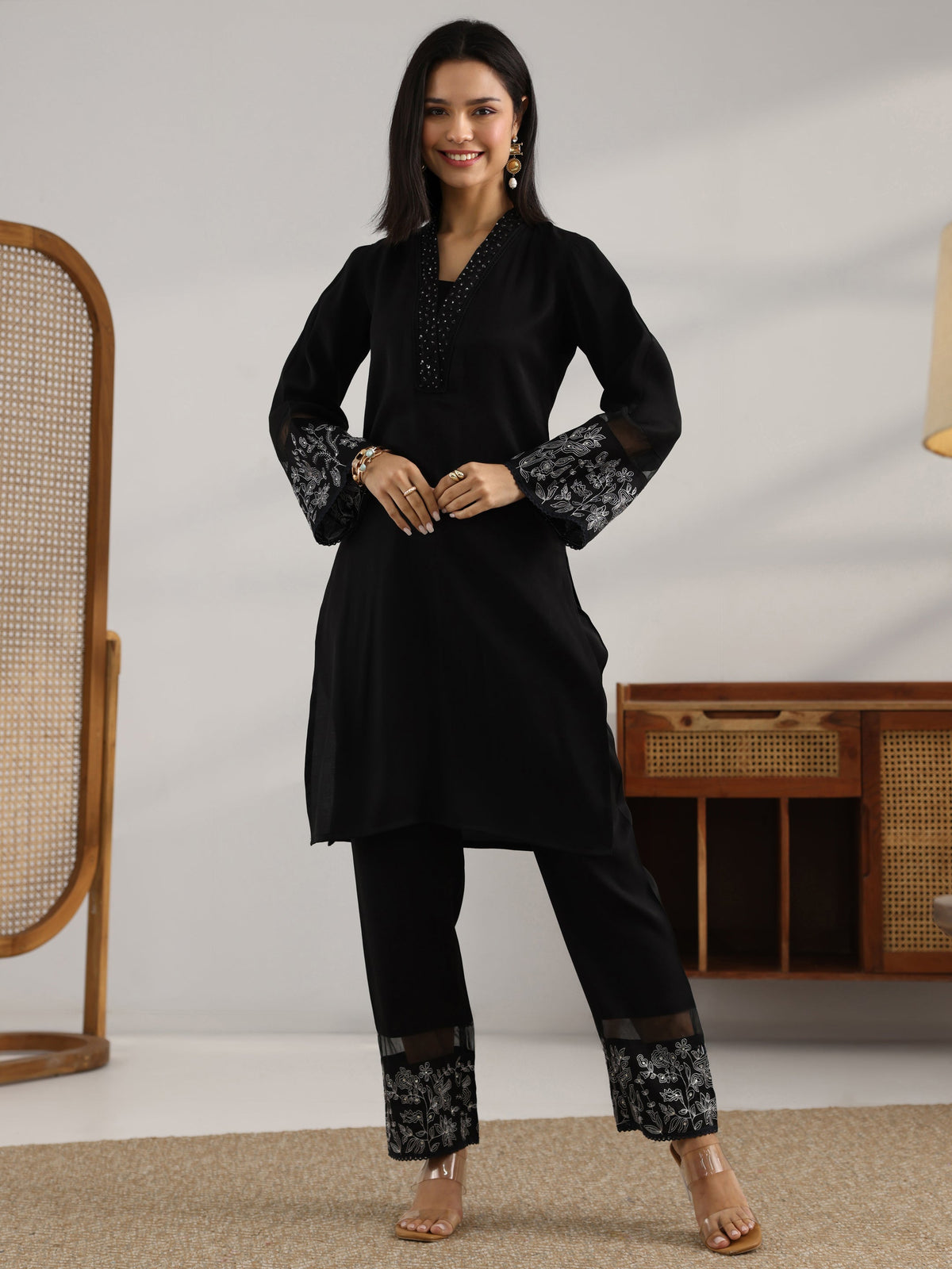 Anouk Black Embroidered Silk blend Co-Ord Sets