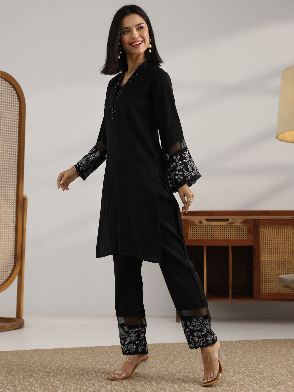 Anouk Black Embroidered Silk blend Co-Ord Sets