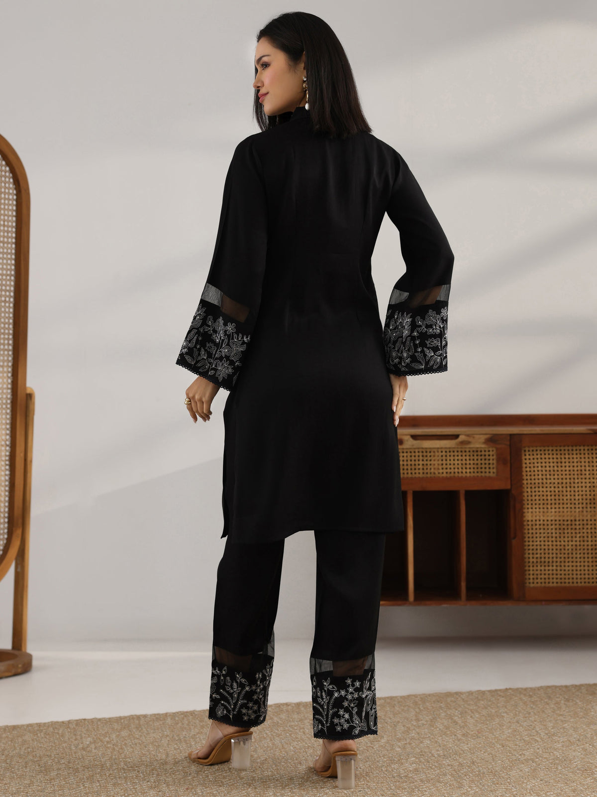 Anouk Black Embroidered Silk blend Co-Ord Sets