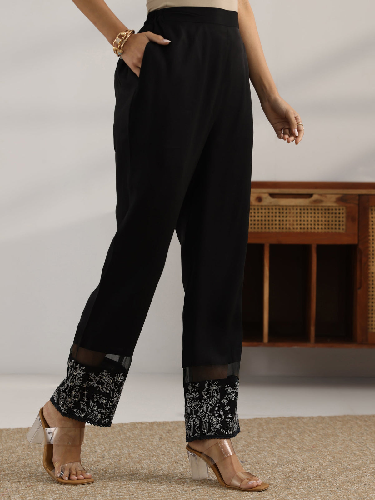 Anouk Black Embroidered Silk blend Co-Ord Sets