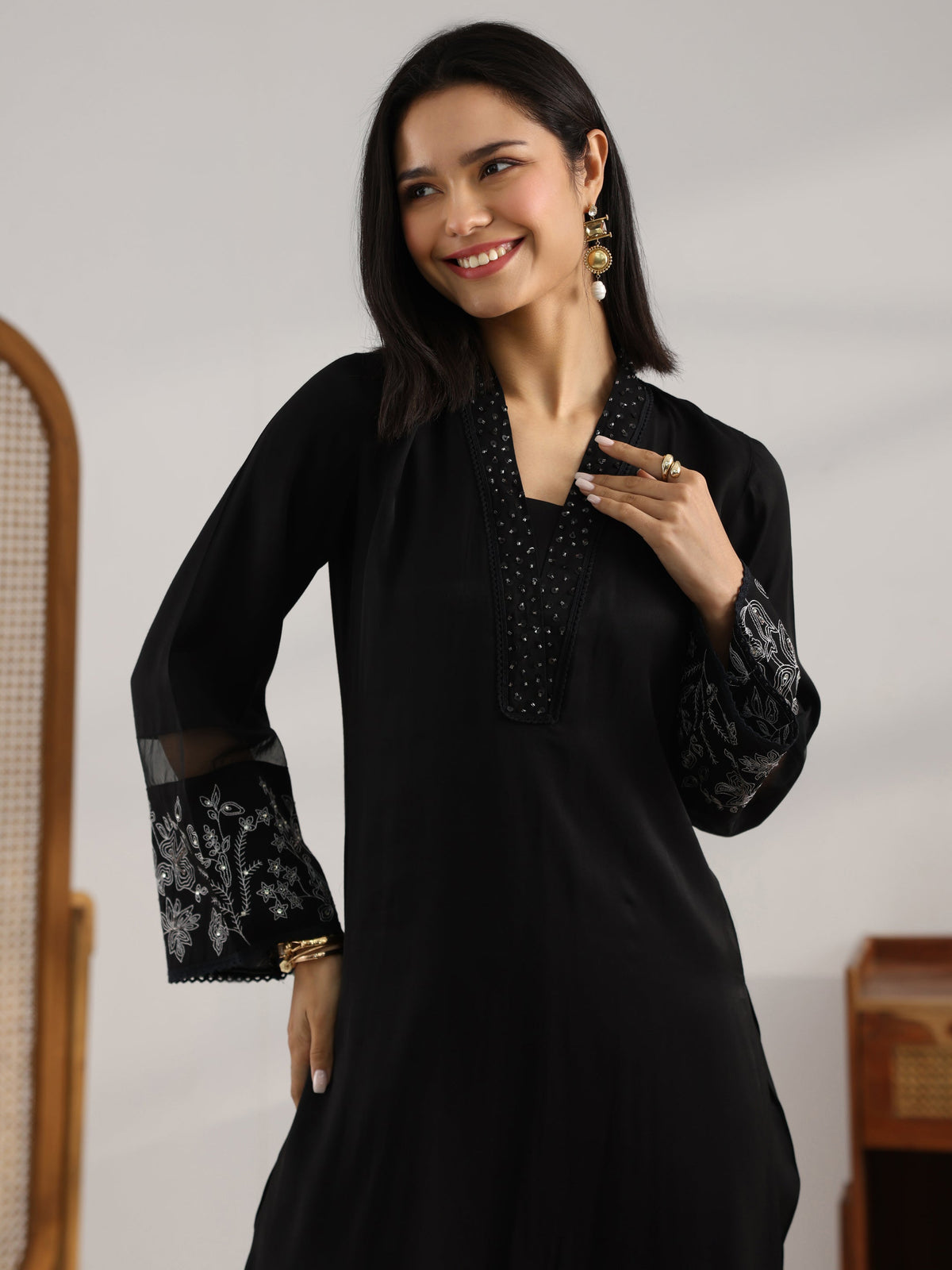 Anouk Black Embroidered Silk blend Co-Ord Sets