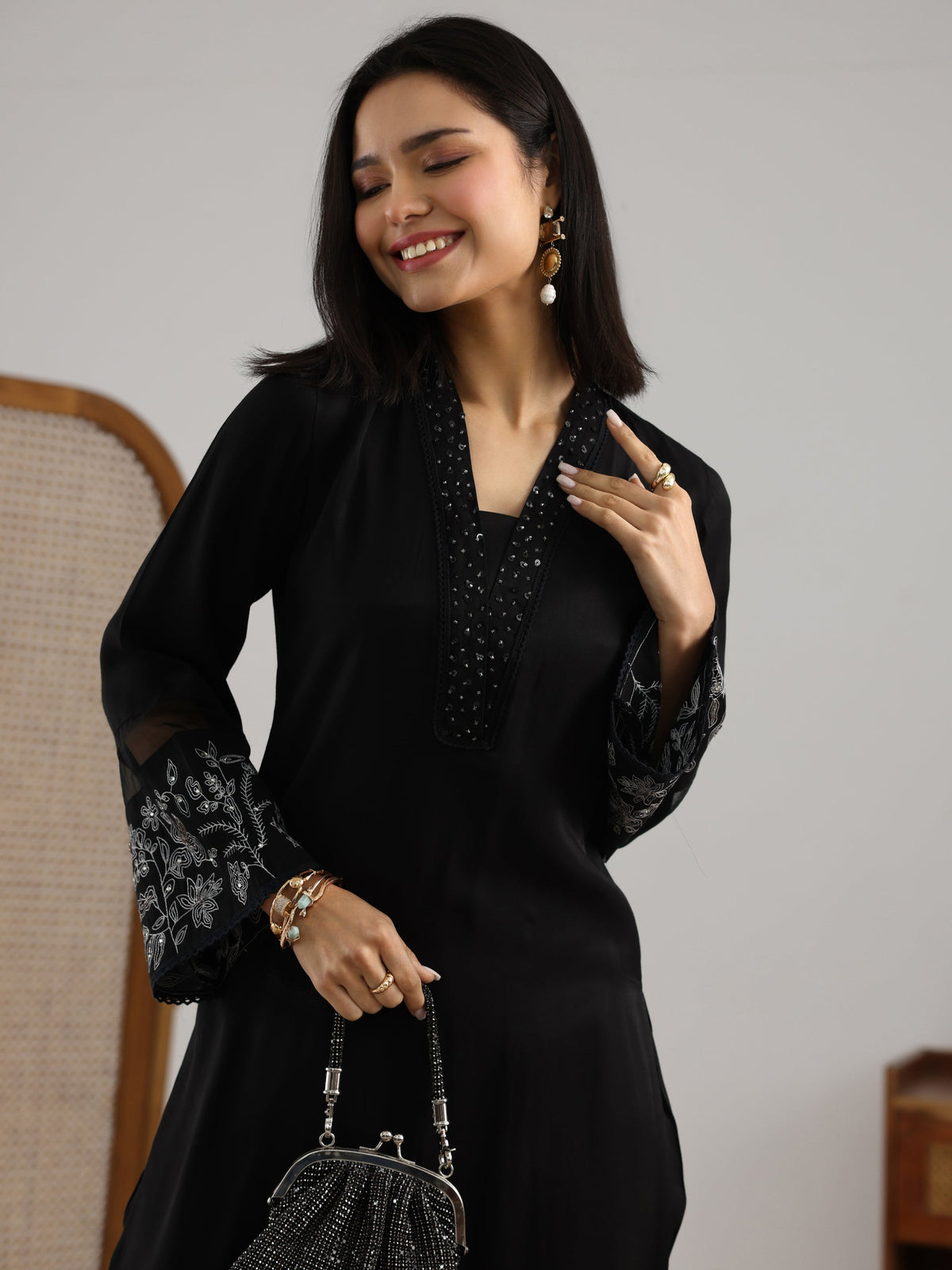 Anouk Black Embroidered Silk blend Co-Ord Sets