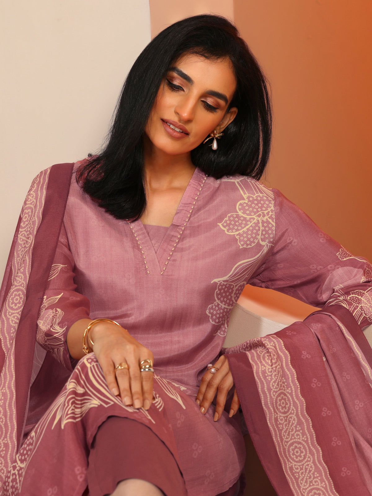 Anouk Pink Printed Muslin Straight Suit Set With Dupatta