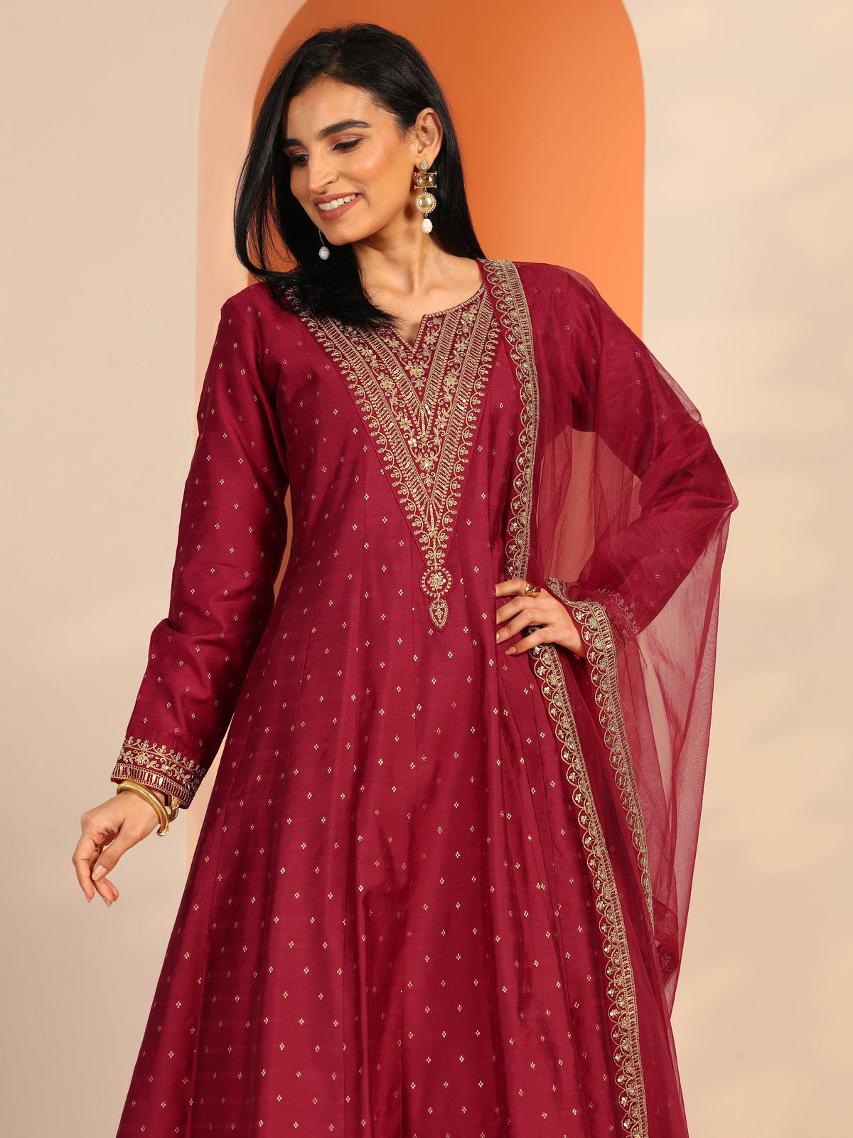 Anouk Red Woven Design Silk Blend A-Line Suit Set With Dupatta