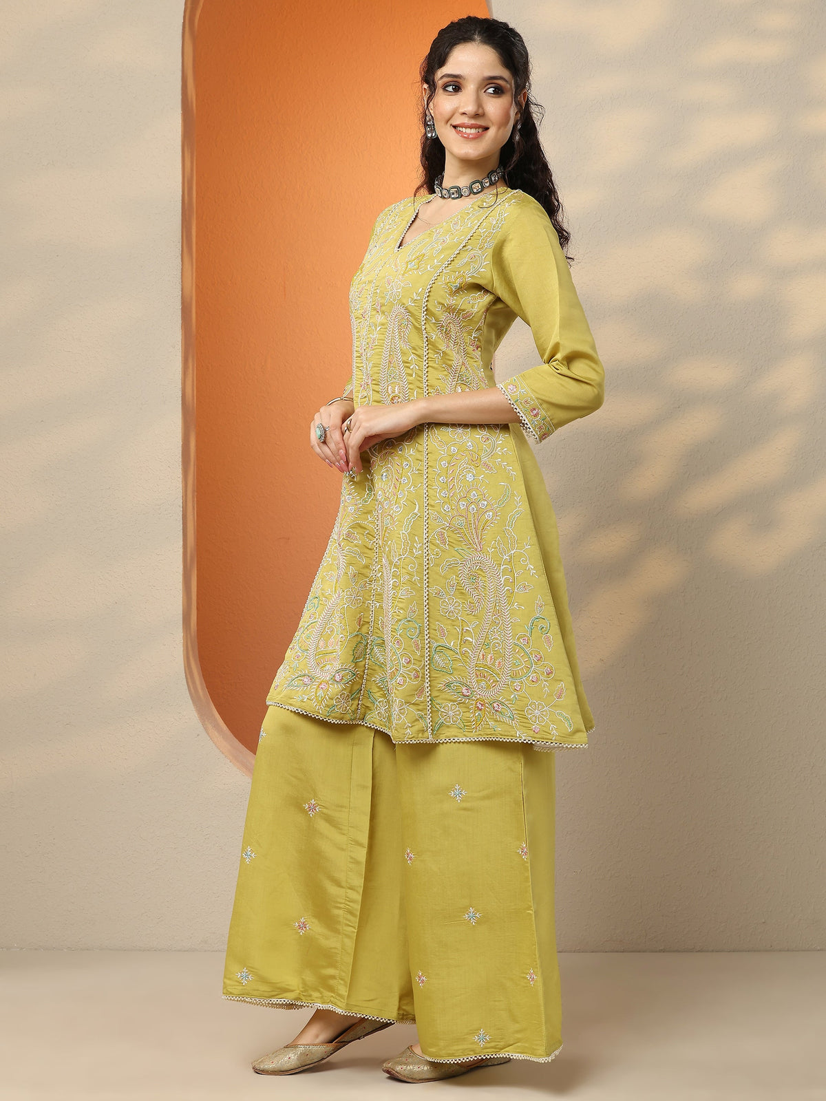 Anouk Lime Green Embroidered Silk Blend Co-Ord Sets