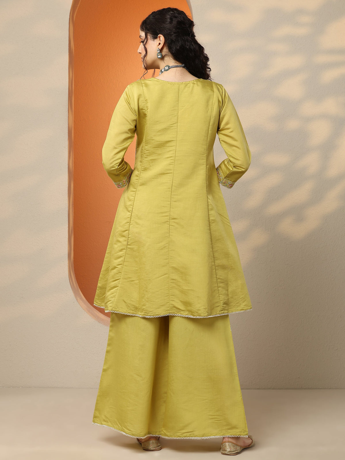 Anouk Lime Green Embroidered Silk Blend Co-Ord Sets