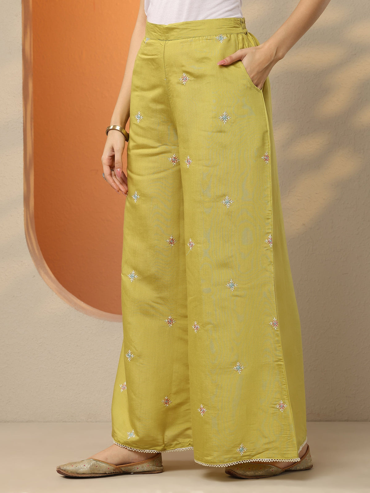 Anouk Lime Green Embroidered Silk Blend Co-Ord Sets