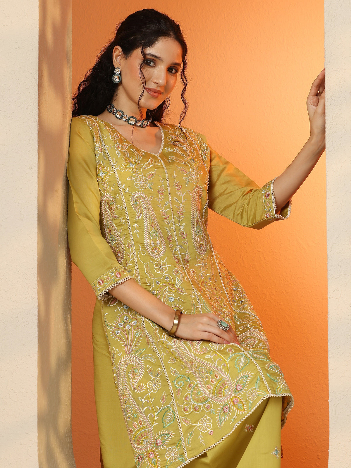 Anouk Lime Green Embroidered Silk Blend Co-Ord Sets