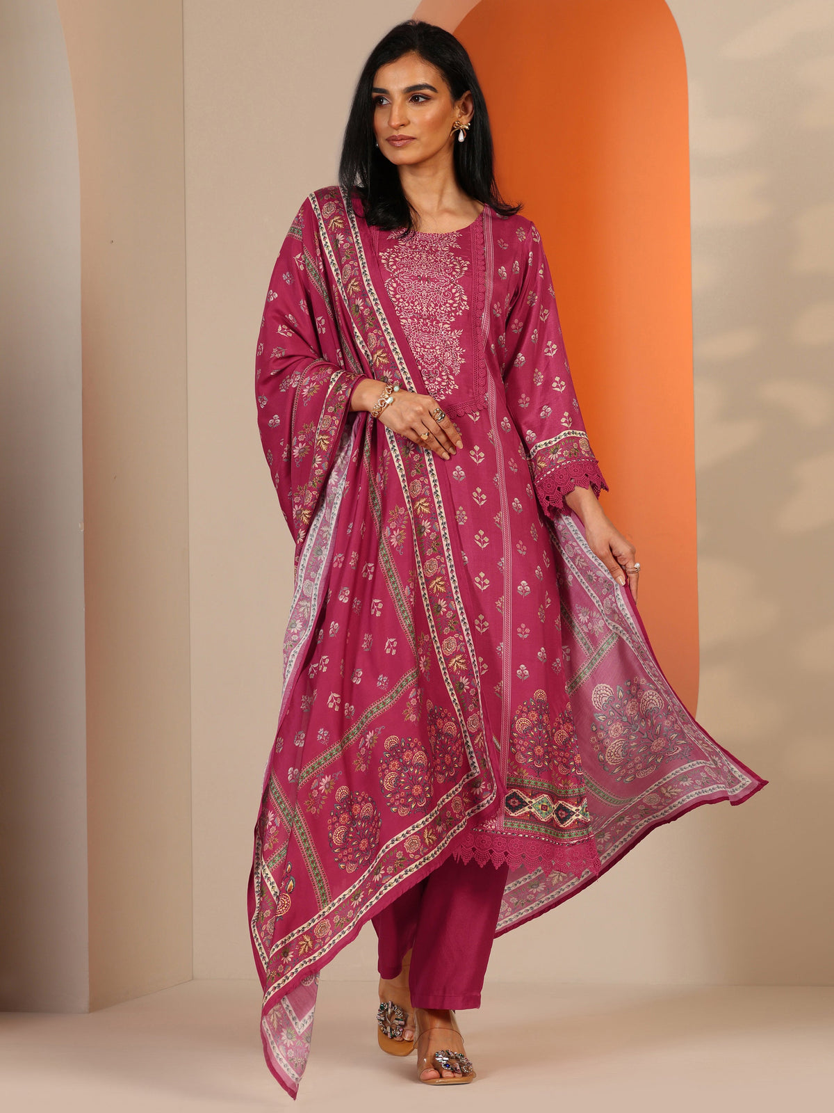 Anouk Coral Printed Muslin Straight Suit Set With Dupatta