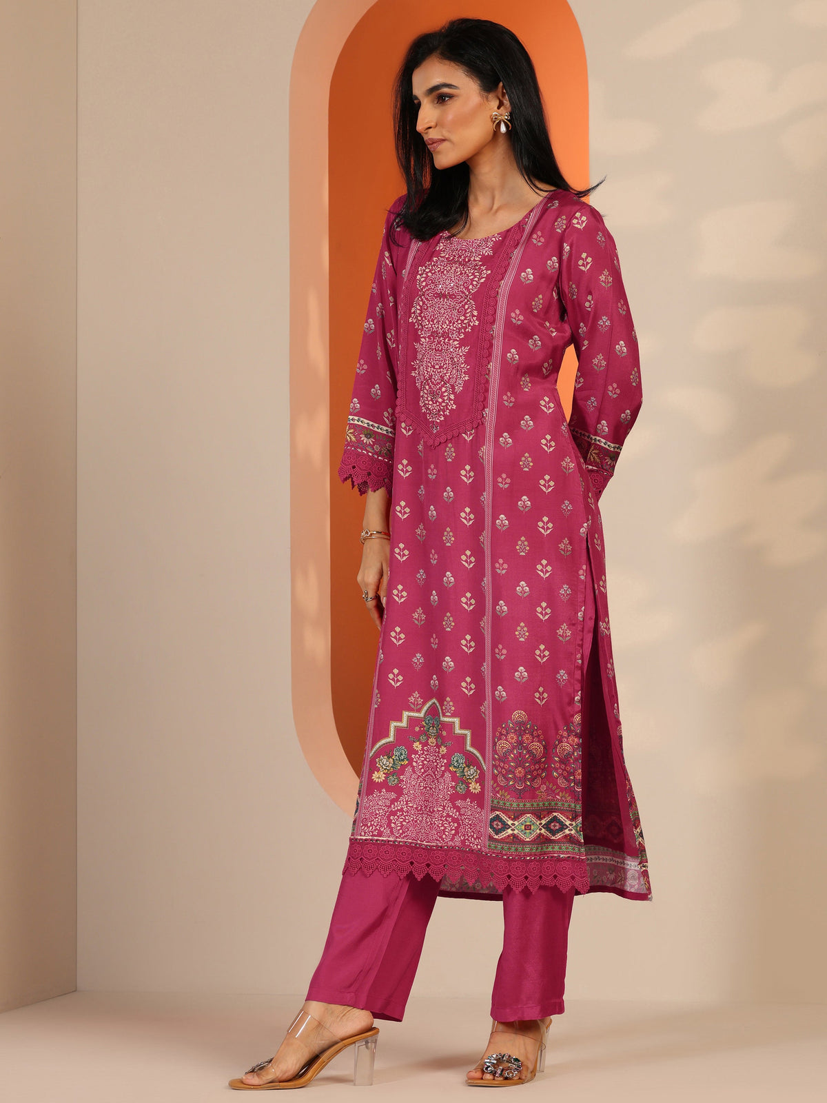Anouk Coral Printed Muslin Straight Suit Set With Dupatta