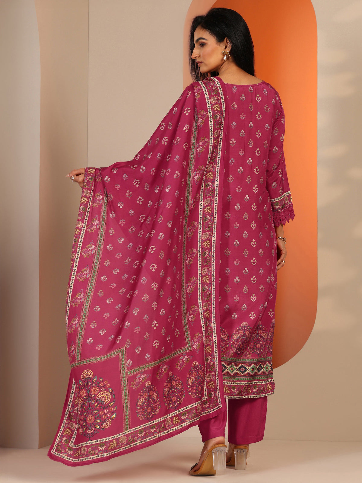 Anouk Coral Printed Muslin Straight Suit Set With Dupatta