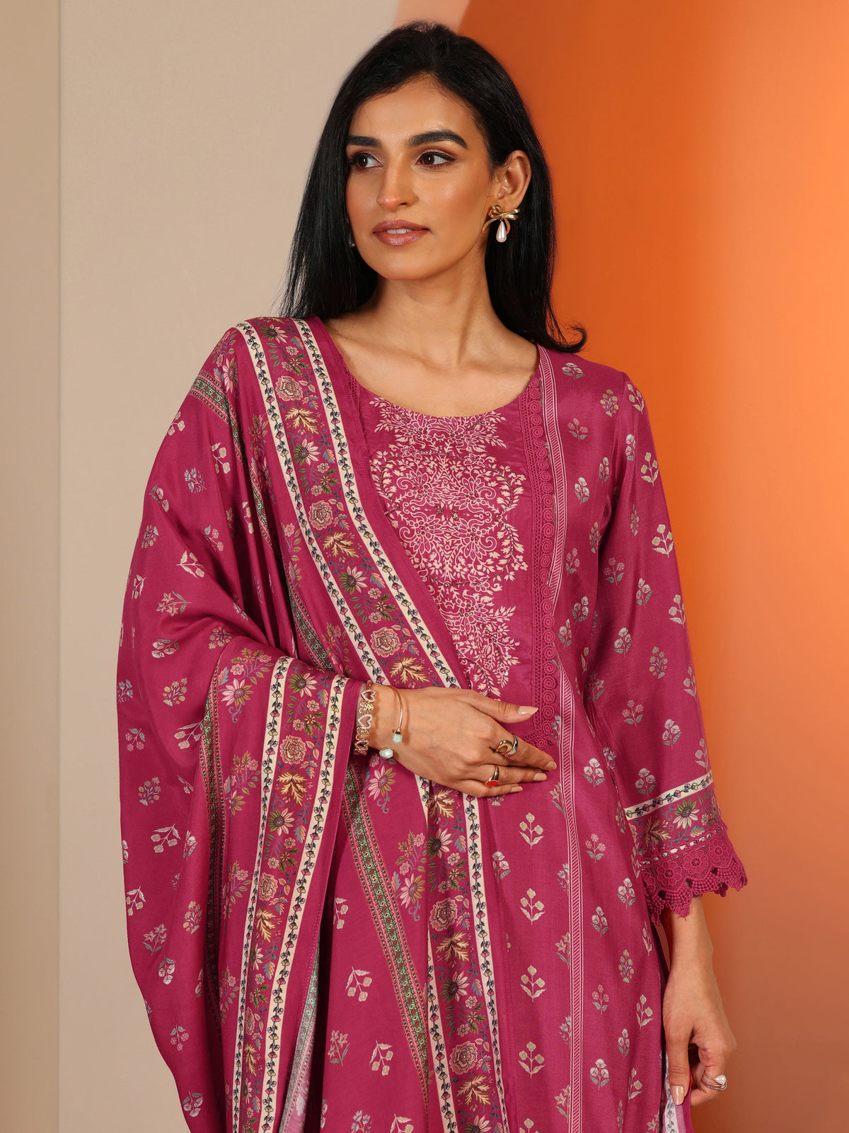 Anouk Coral Printed Muslin Straight Suit Set With Dupatta