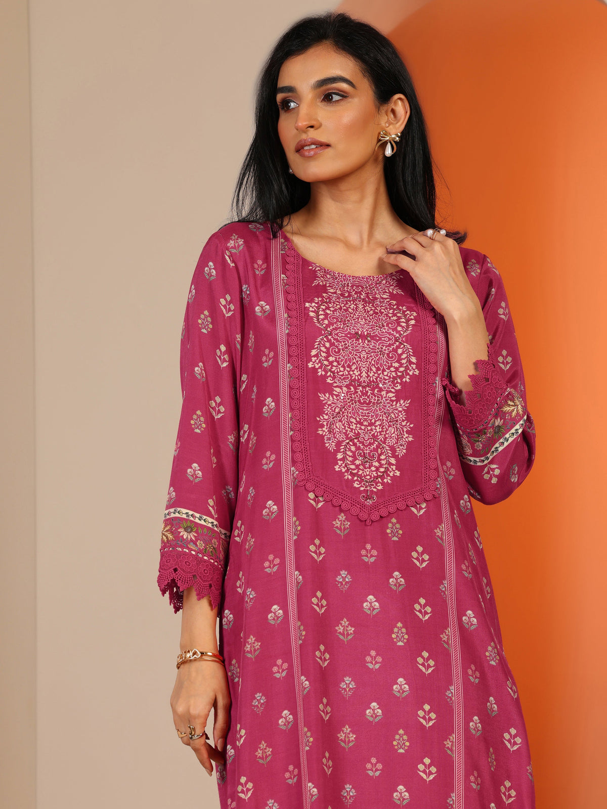 Anouk Coral Printed Muslin Straight Suit Set With Dupatta