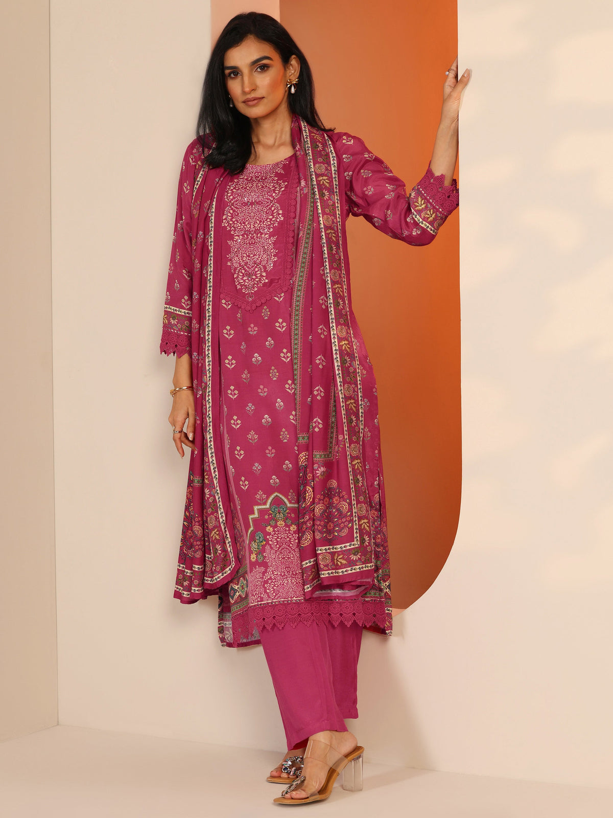 Anouk Coral Printed Muslin Straight Suit Set With Dupatta