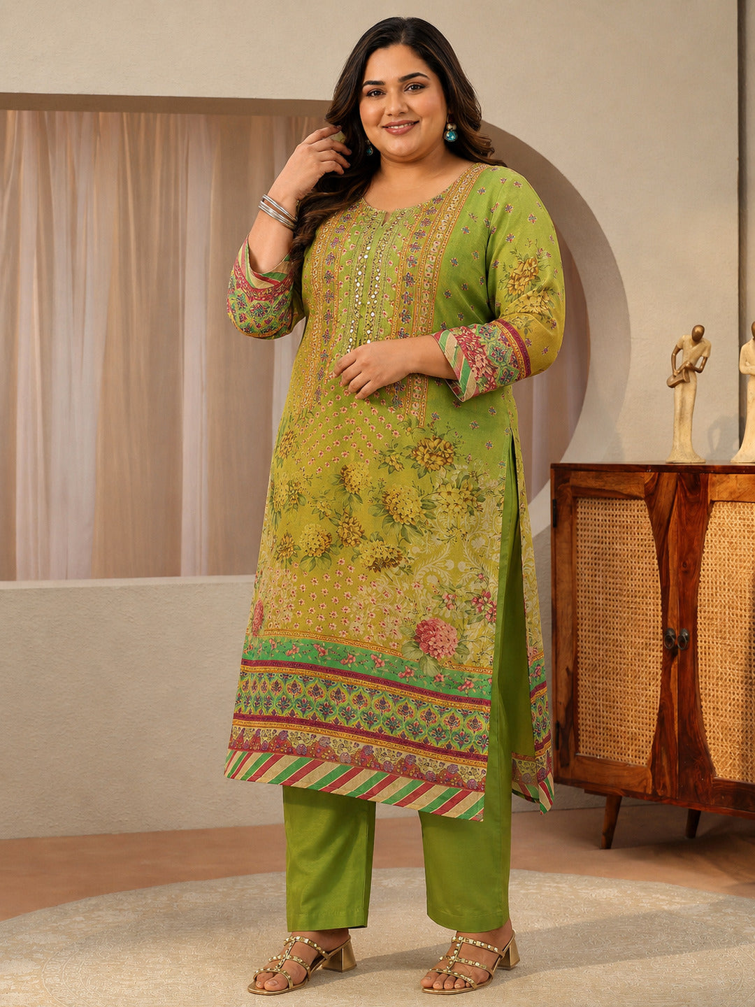 Plus Size Green Printed Chinon Straight Suit Set With Dupatta