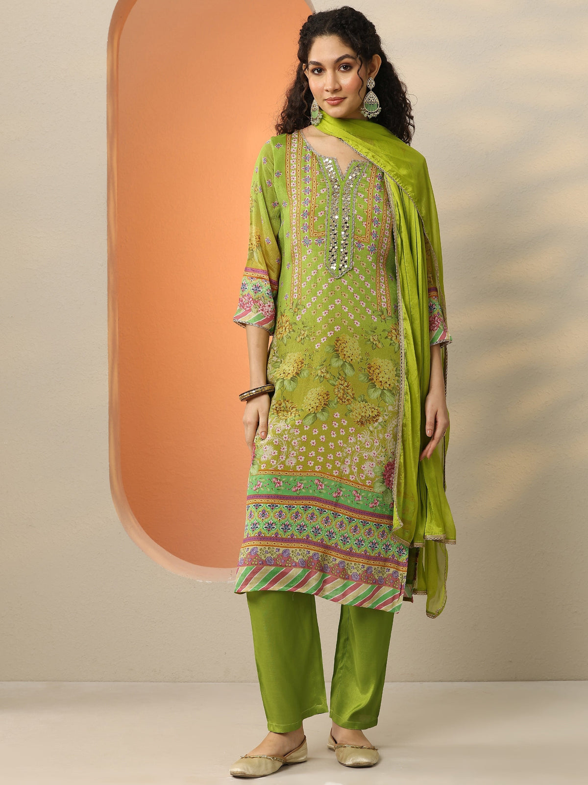 Anouk Green Printed Chinon  Straight Suit Set With Dupatta