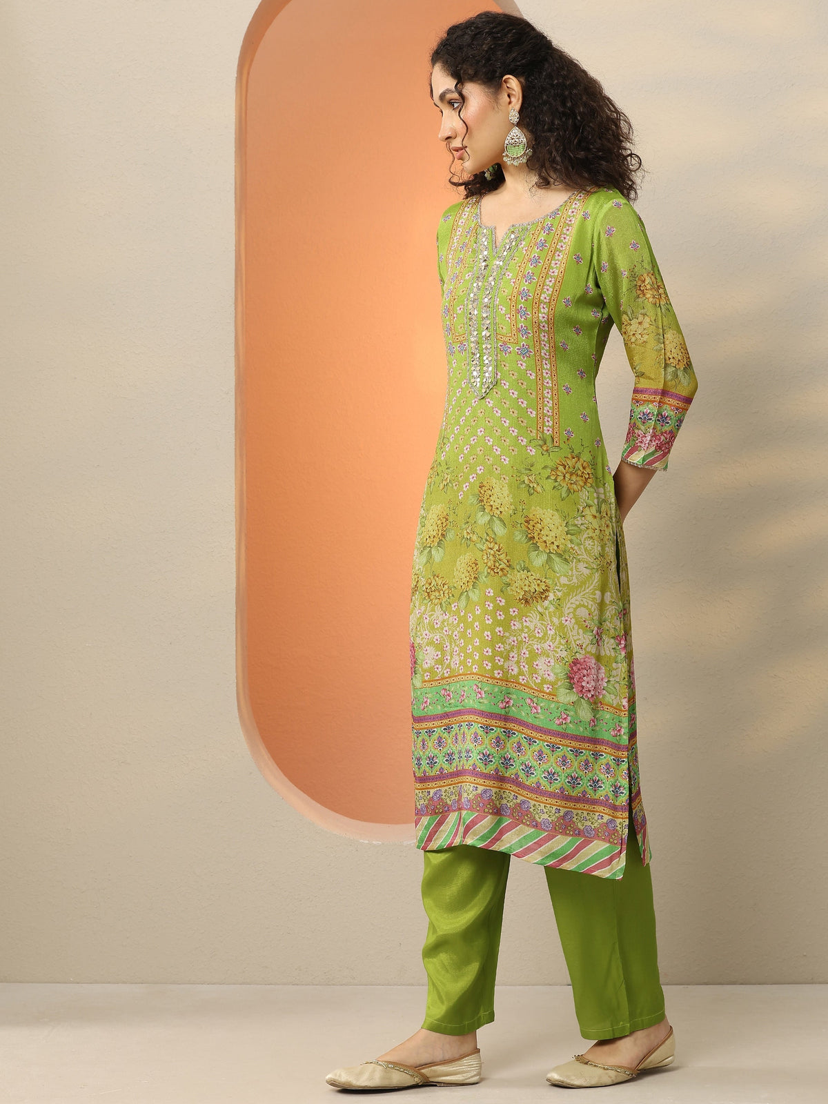 Anouk Green Printed Chinon  Straight Suit Set With Dupatta