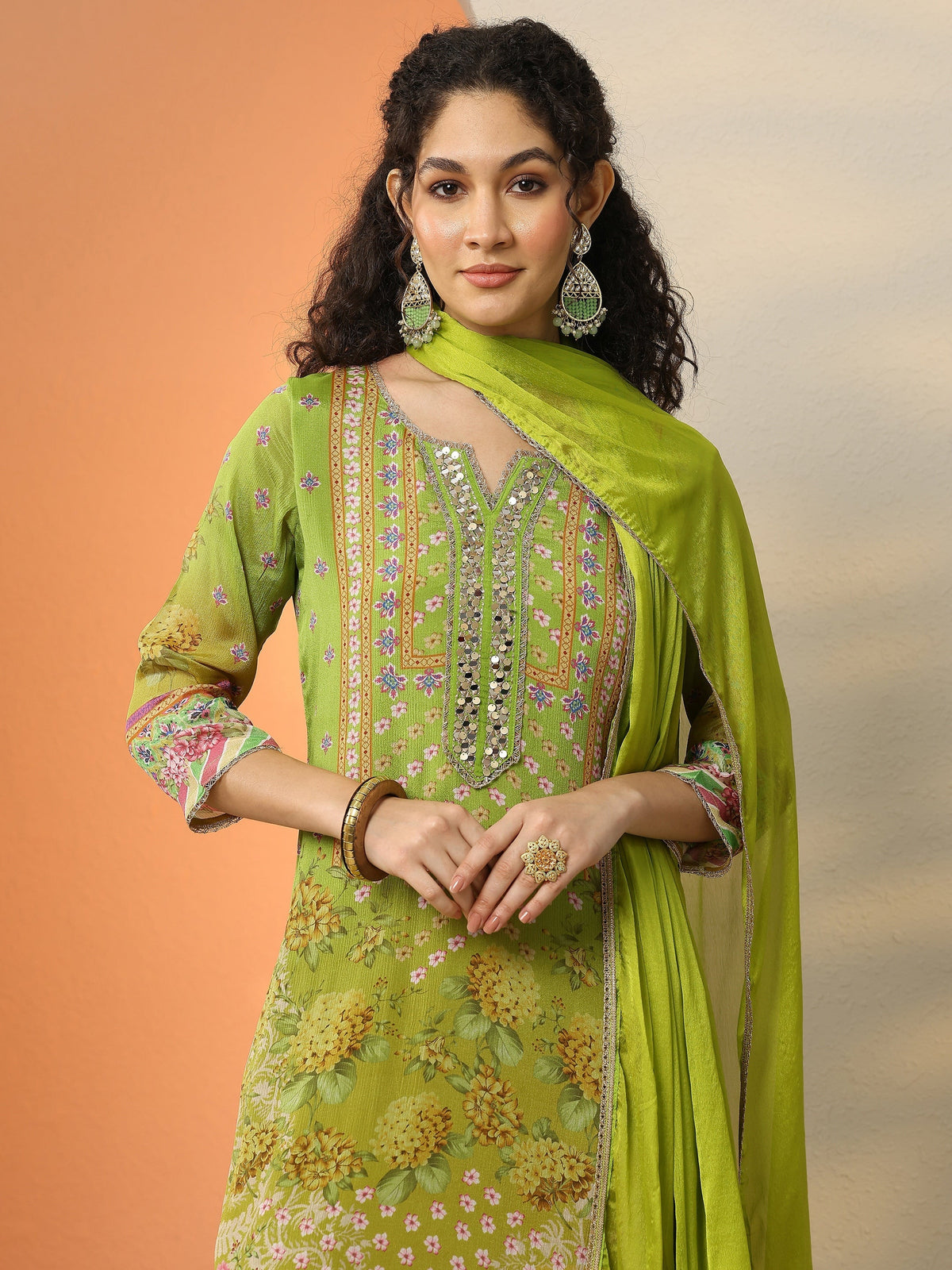 Anouk Green Printed Chinon  Straight Suit Set With Dupatta