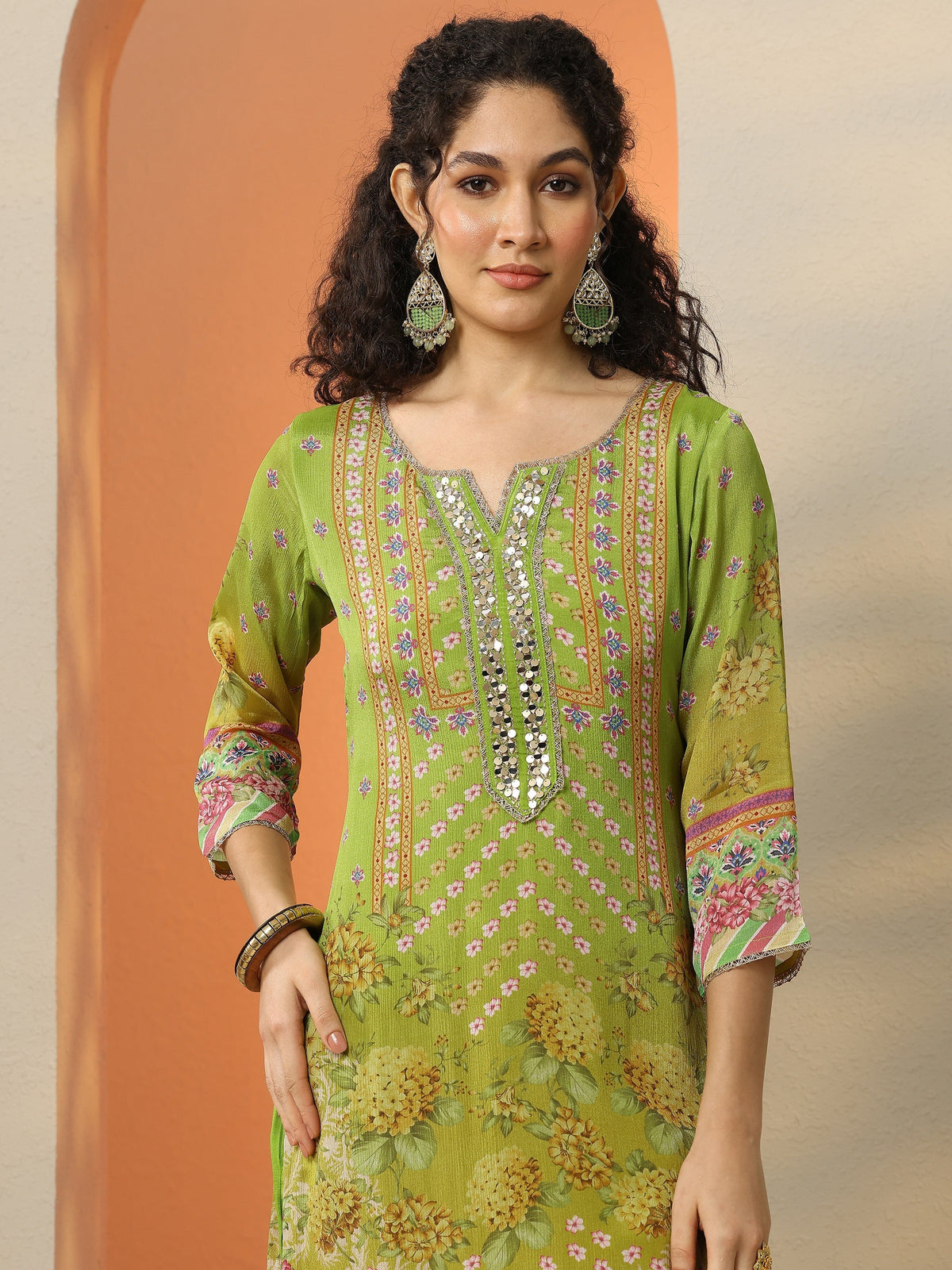 Anouk Green Printed Chinon  Straight Suit Set With Dupatta