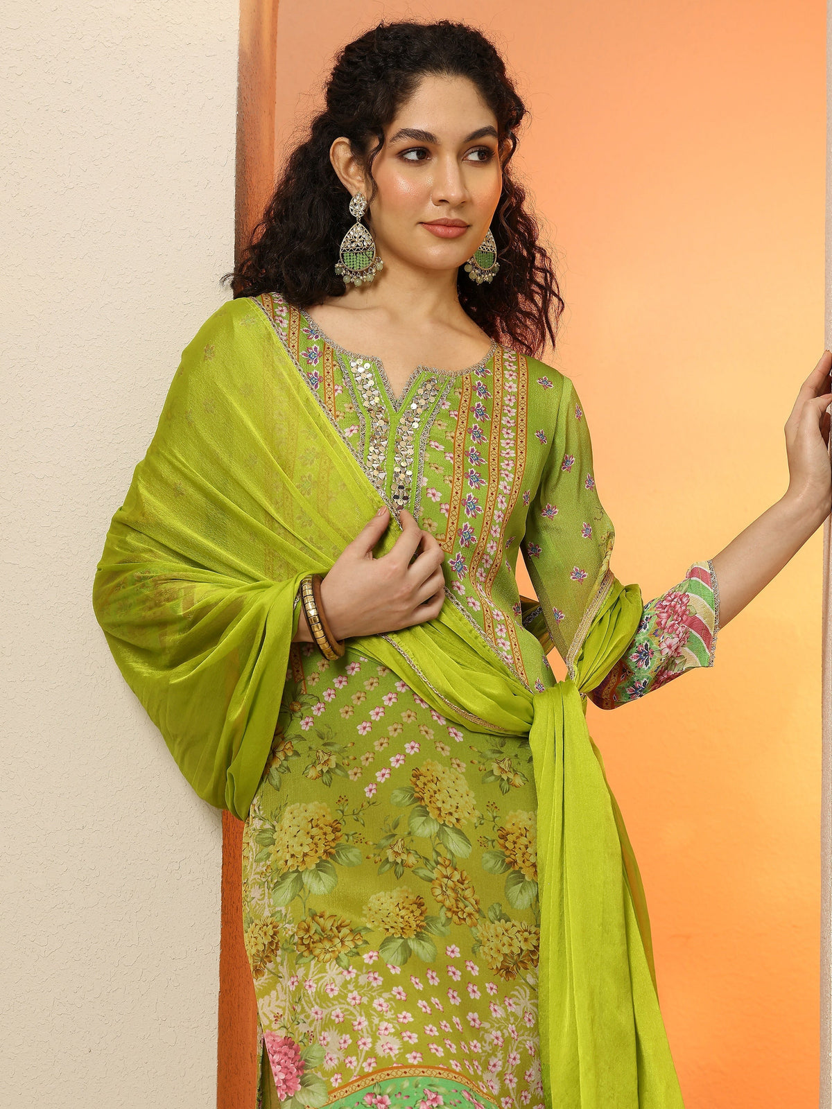 Anouk Green Printed Chinon  Straight Suit Set With Dupatta