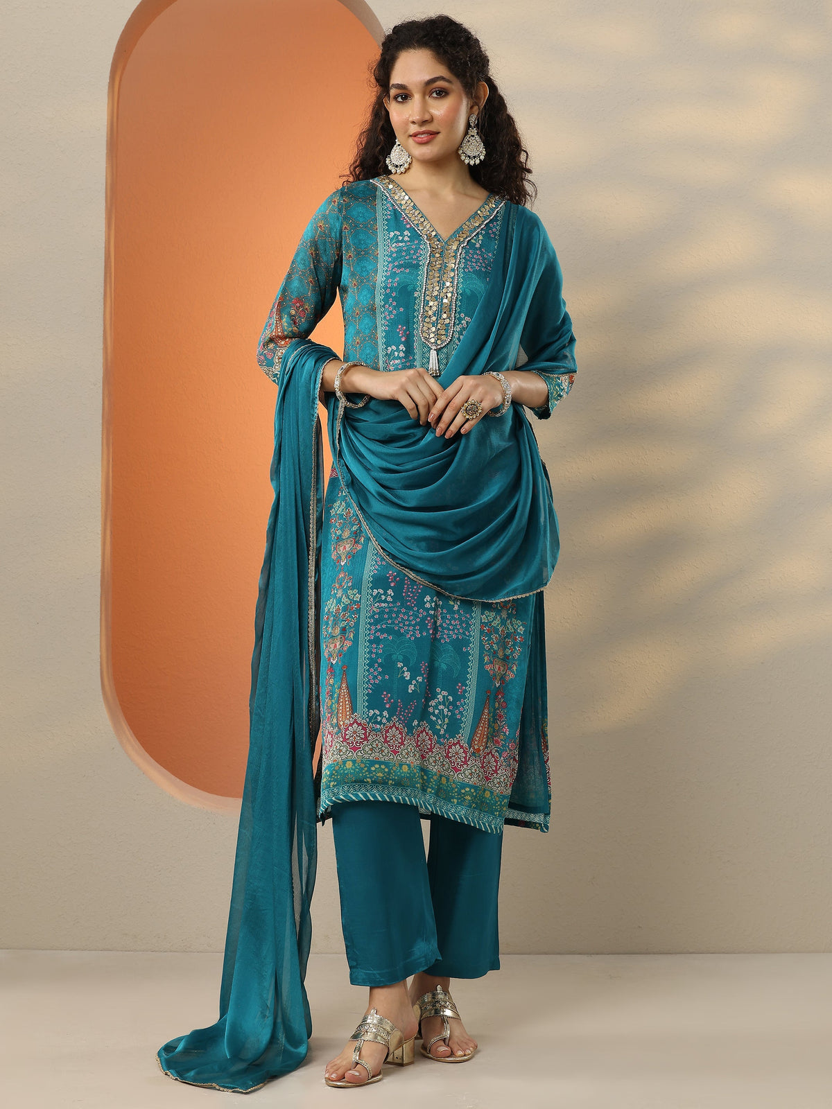Anouk Blue Printed Chinon  Straight Suit Set With Dupatta