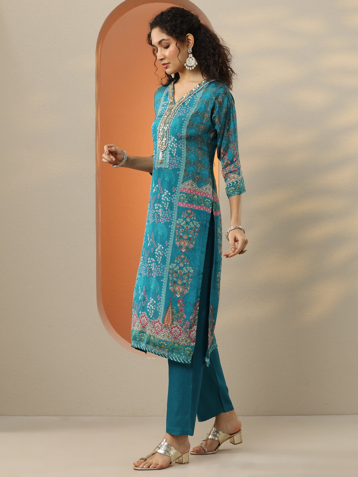 Anouk Blue Printed Chinon  Straight Suit Set With Dupatta
