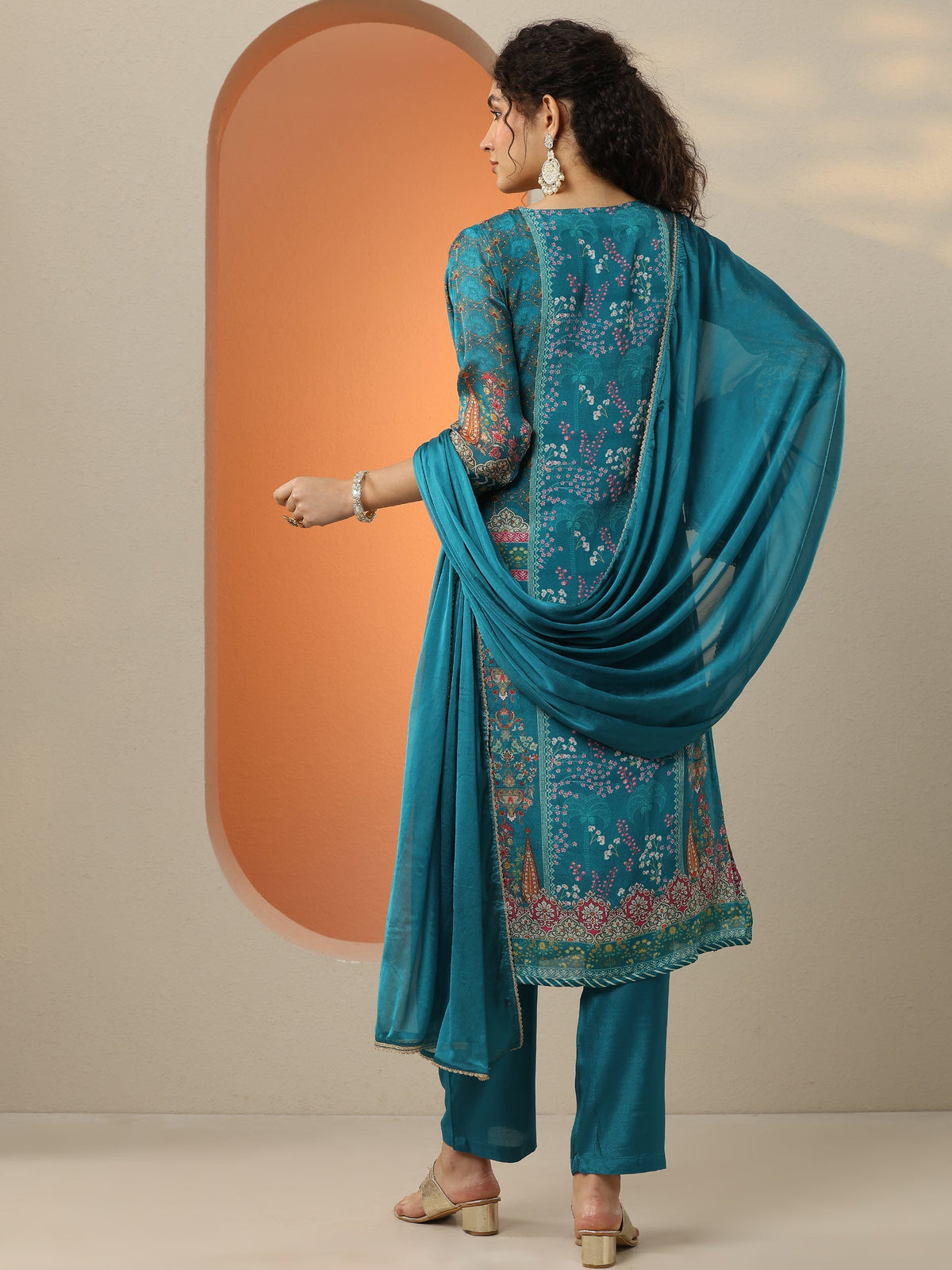 Anouk Blue Printed Chinon  Straight Suit Set With Dupatta