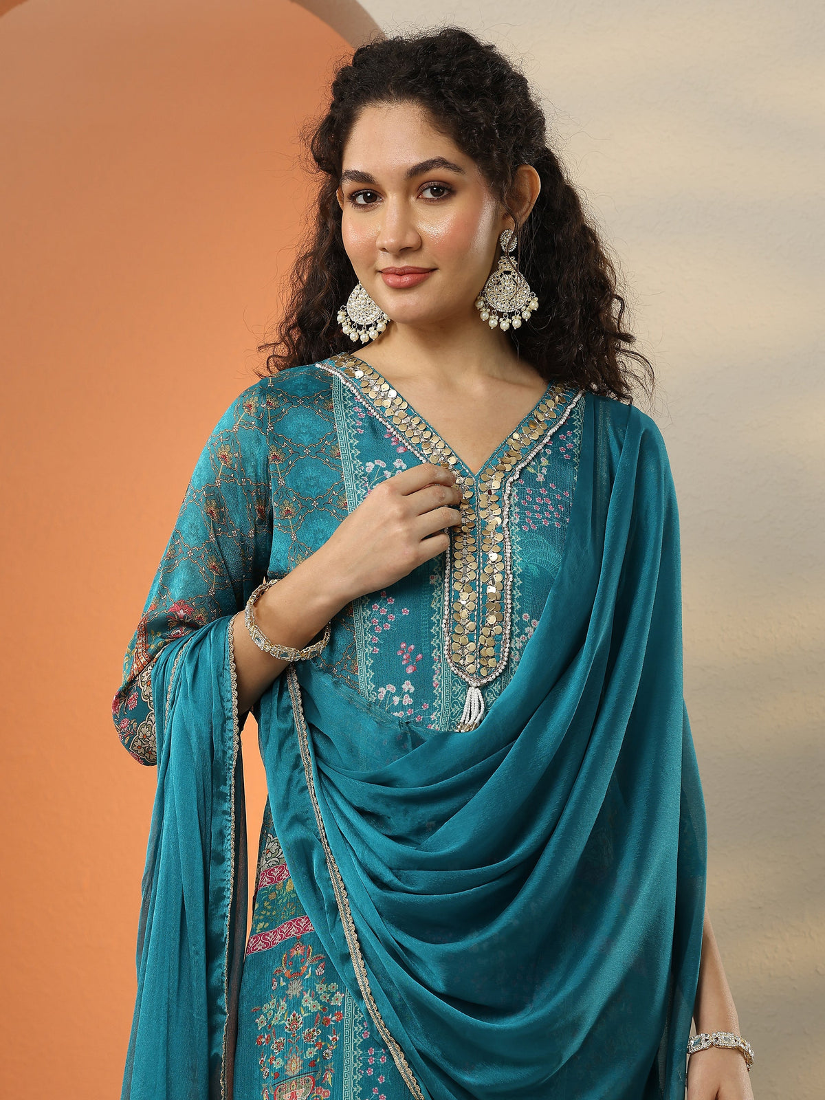 Anouk Blue Printed Chinon  Straight Suit Set With Dupatta