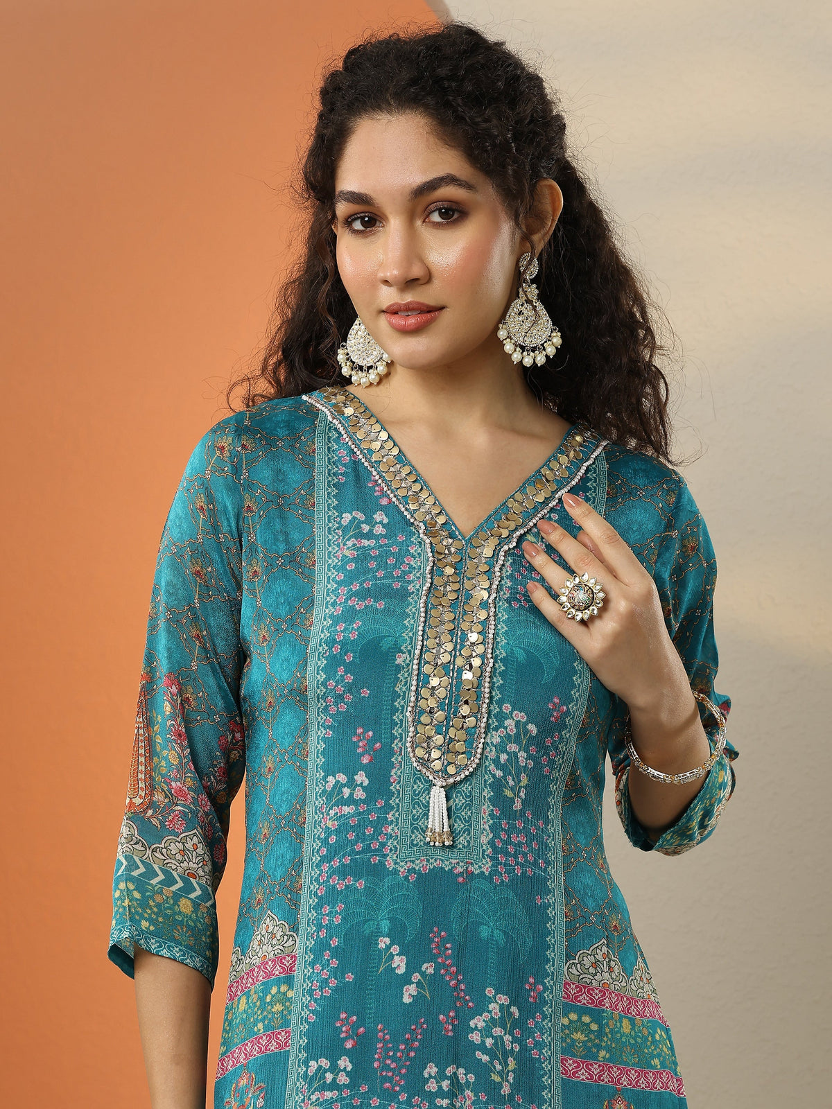 Anouk Blue Printed Chinon  Straight Suit Set With Dupatta