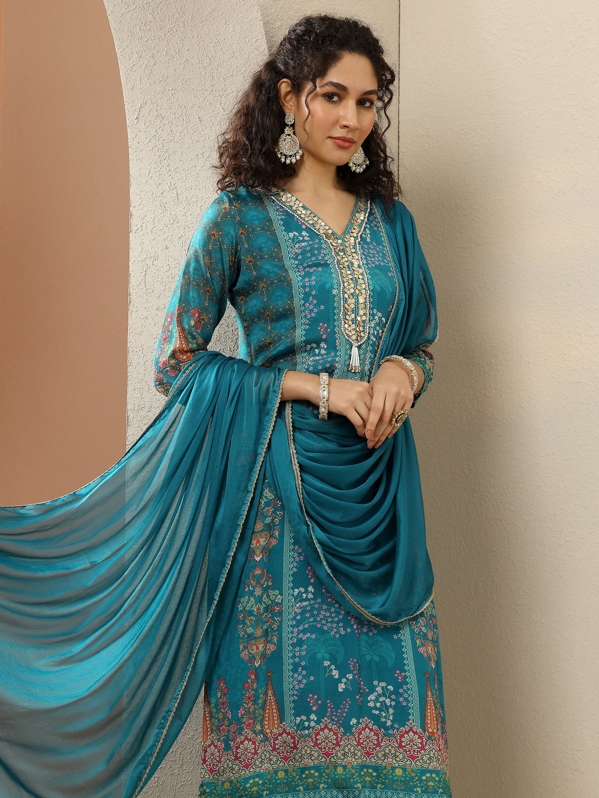 Anouk Blue Printed Chinon  Straight Suit Set With Dupatta