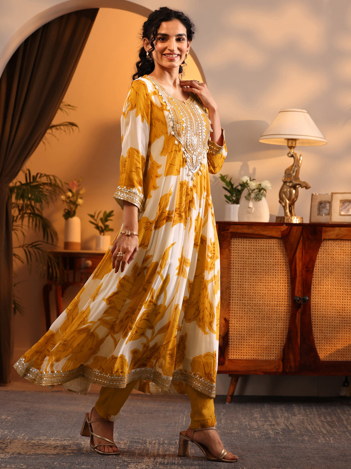 Anouk Off White Printed Georgette Anarkali Suit Set With Dupatta