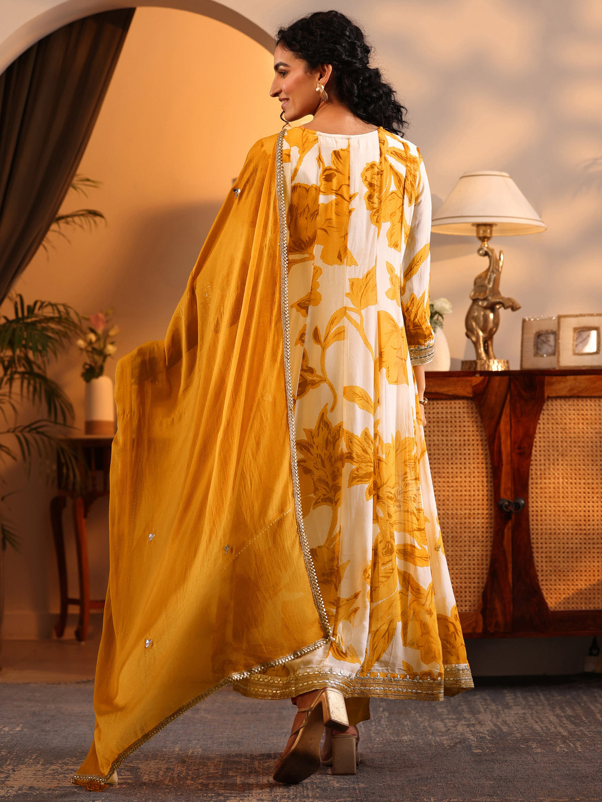 Anouk Off White Printed Georgette Anarkali Suit Set With Dupatta