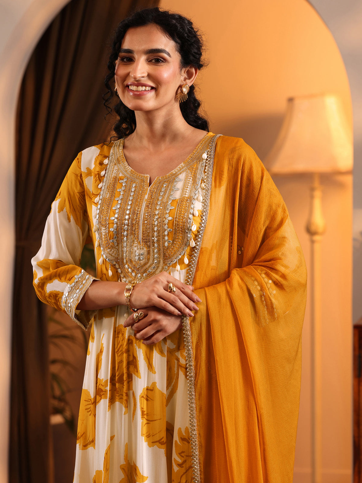 Anouk Off White Printed Georgette Anarkali Suit Set With Dupatta
