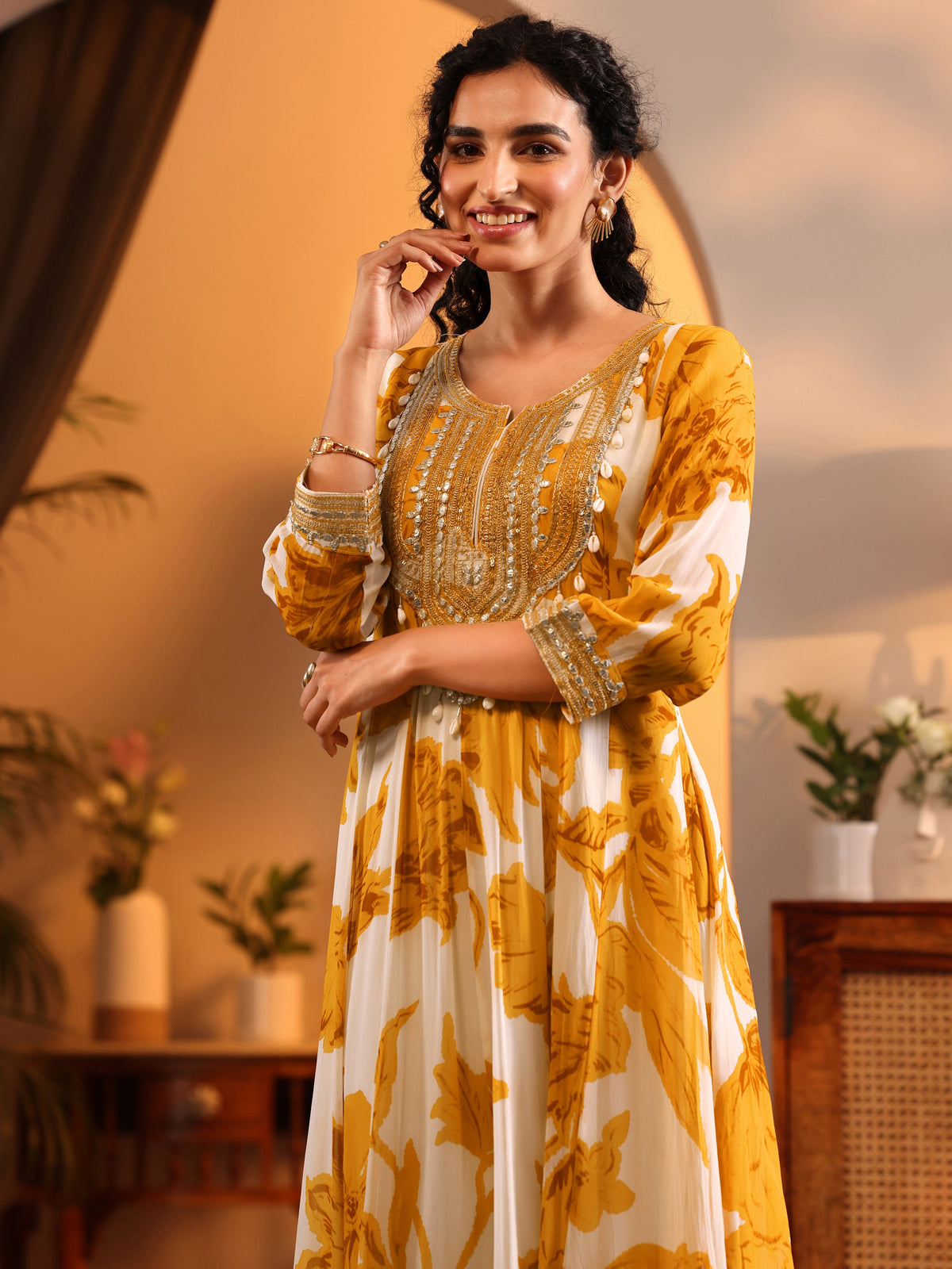 Anouk Off White Printed Georgette Anarkali Suit Set With Dupatta