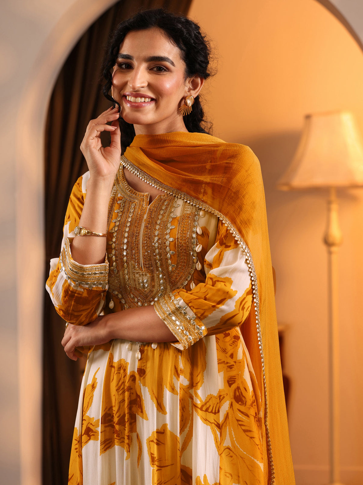 Anouk Off White Printed Georgette Anarkali Suit Set With Dupatta
