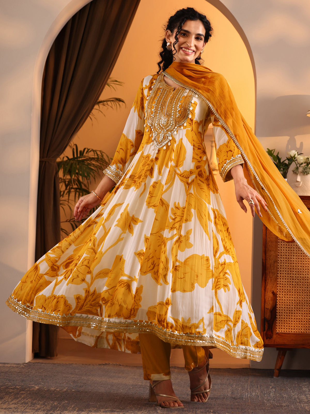 Anouk Off White Printed Georgette Anarkali Suit Set With Dupatta