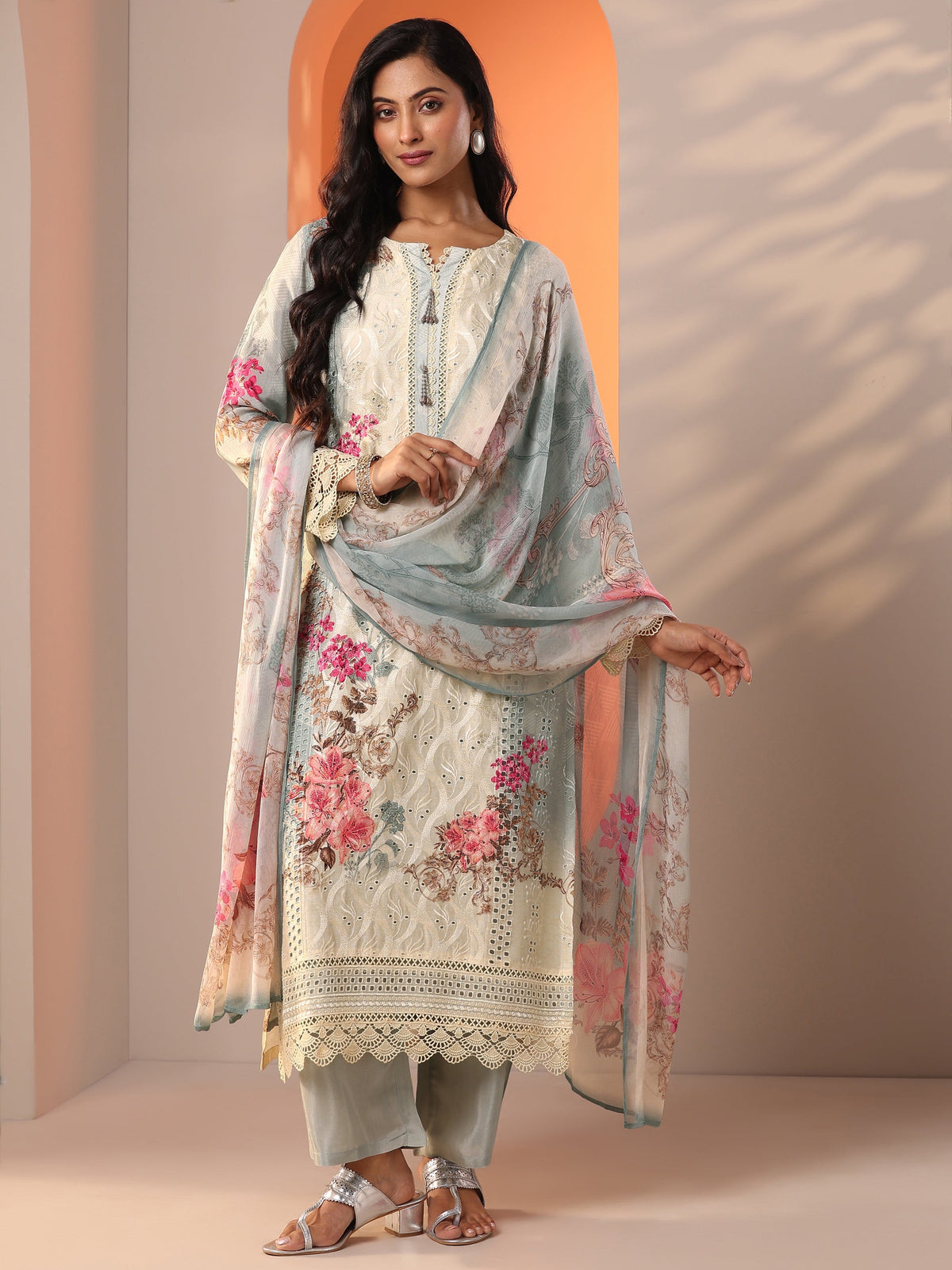 Anouk Grey Embroidered Muslin Straight Suit Set With Dupatta