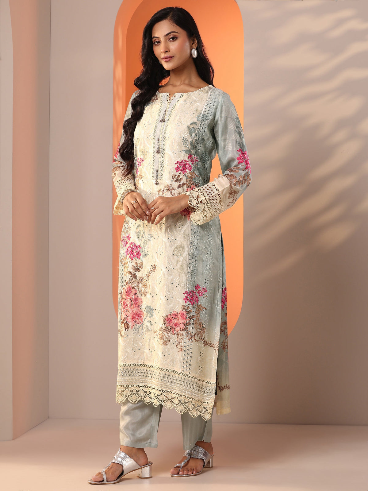 Anouk Grey Embroidered Muslin Straight Suit Set With Dupatta