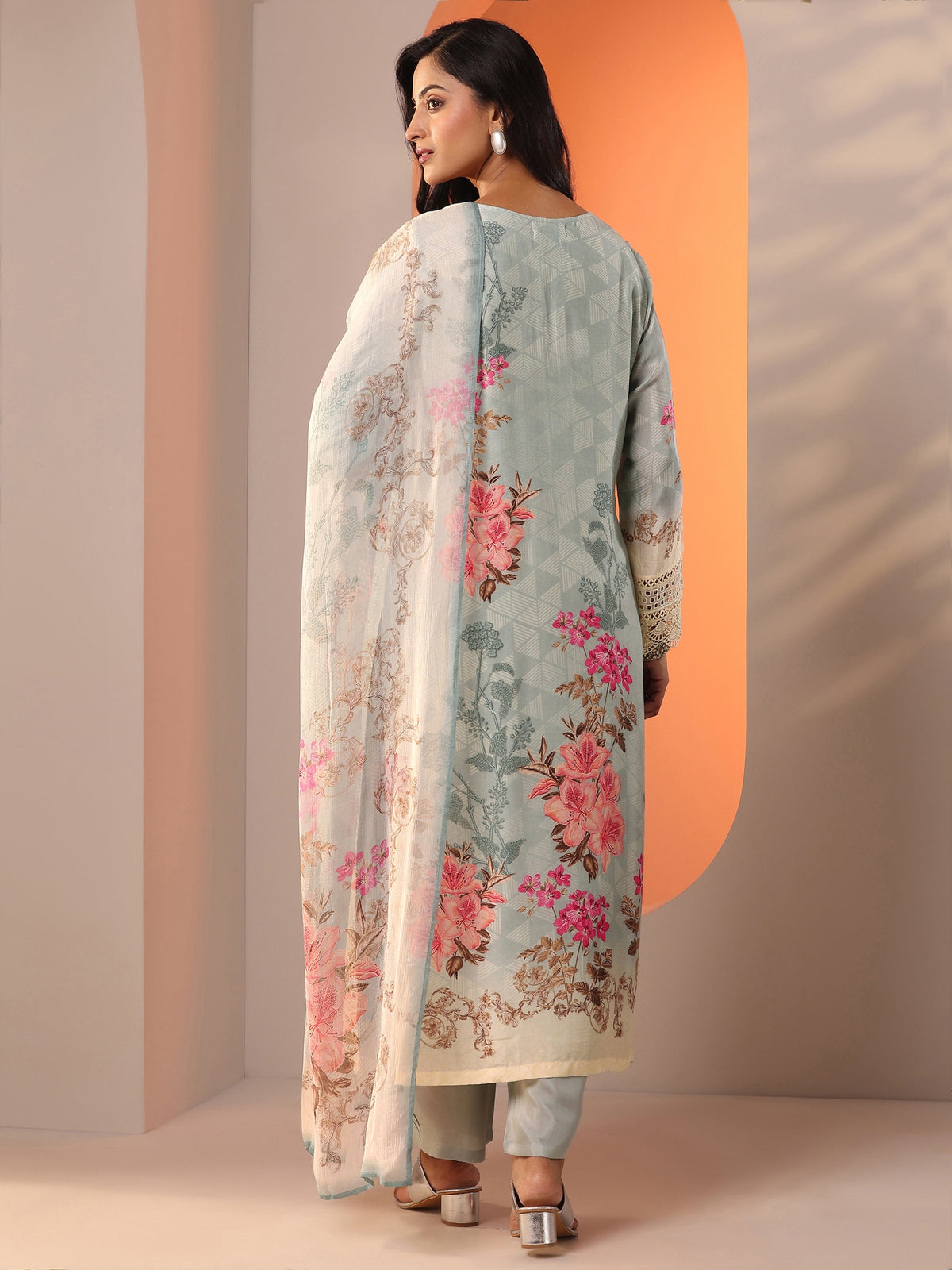 Anouk Grey Embroidered Muslin Straight Suit Set With Dupatta