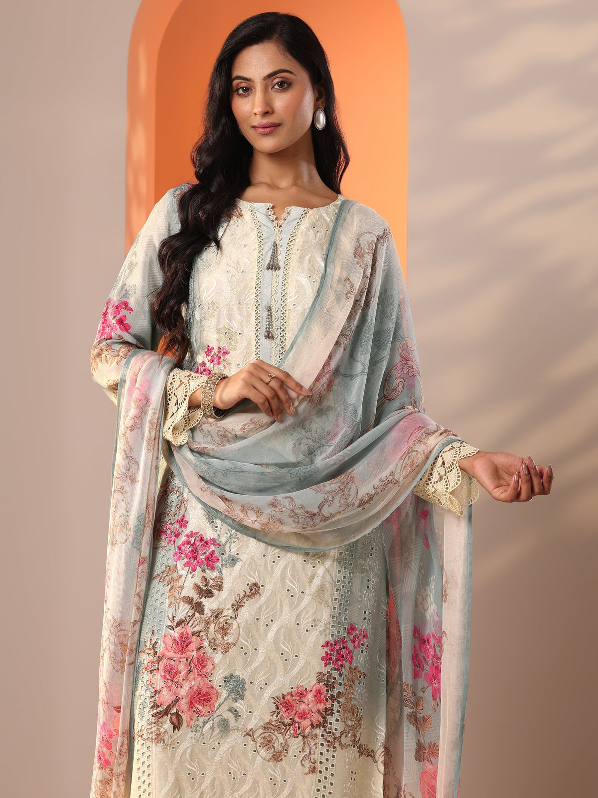 Anouk Grey Embroidered Muslin Straight Suit Set With Dupatta