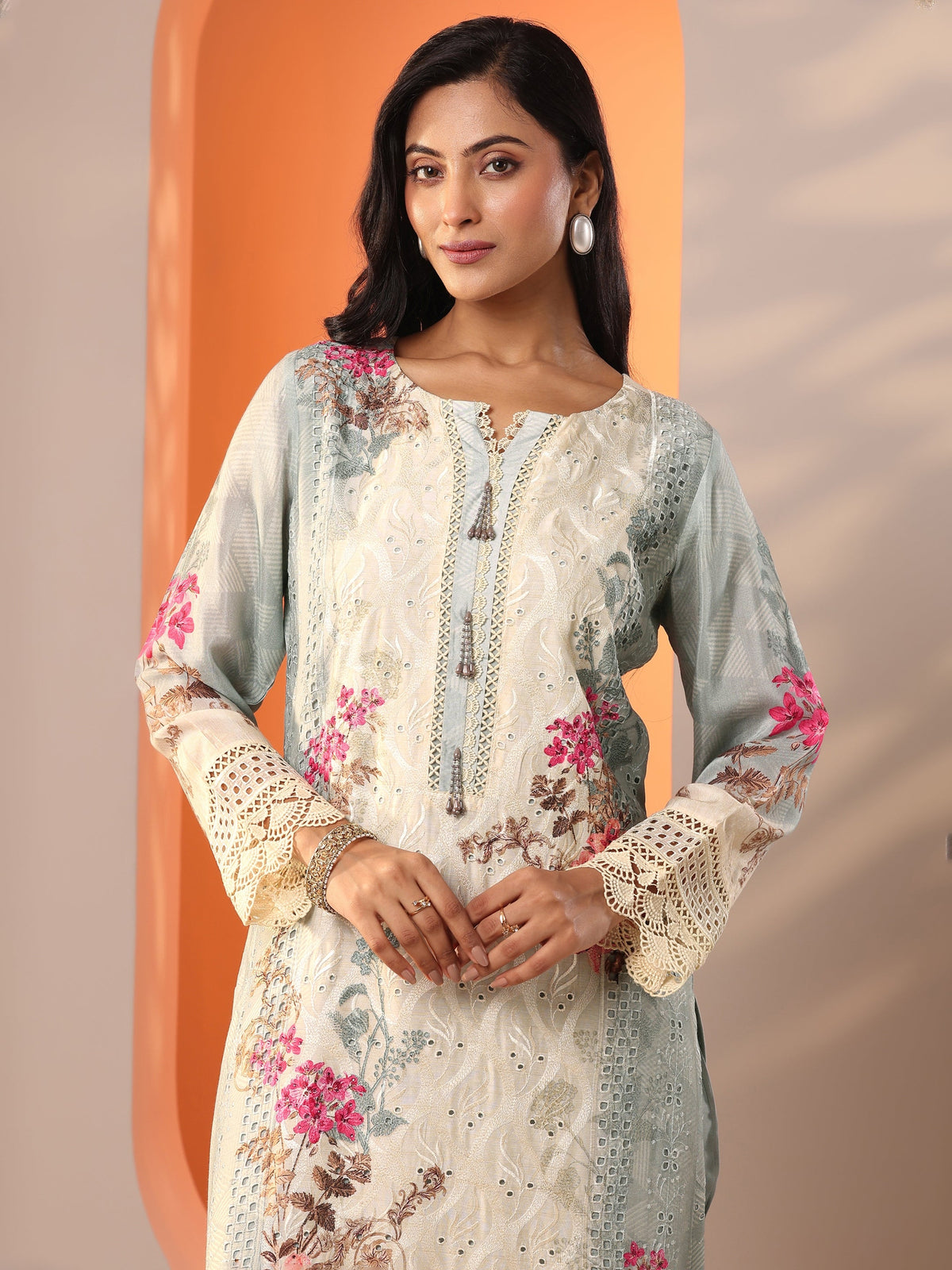 Anouk Grey Embroidered Muslin Straight Suit Set With Dupatta