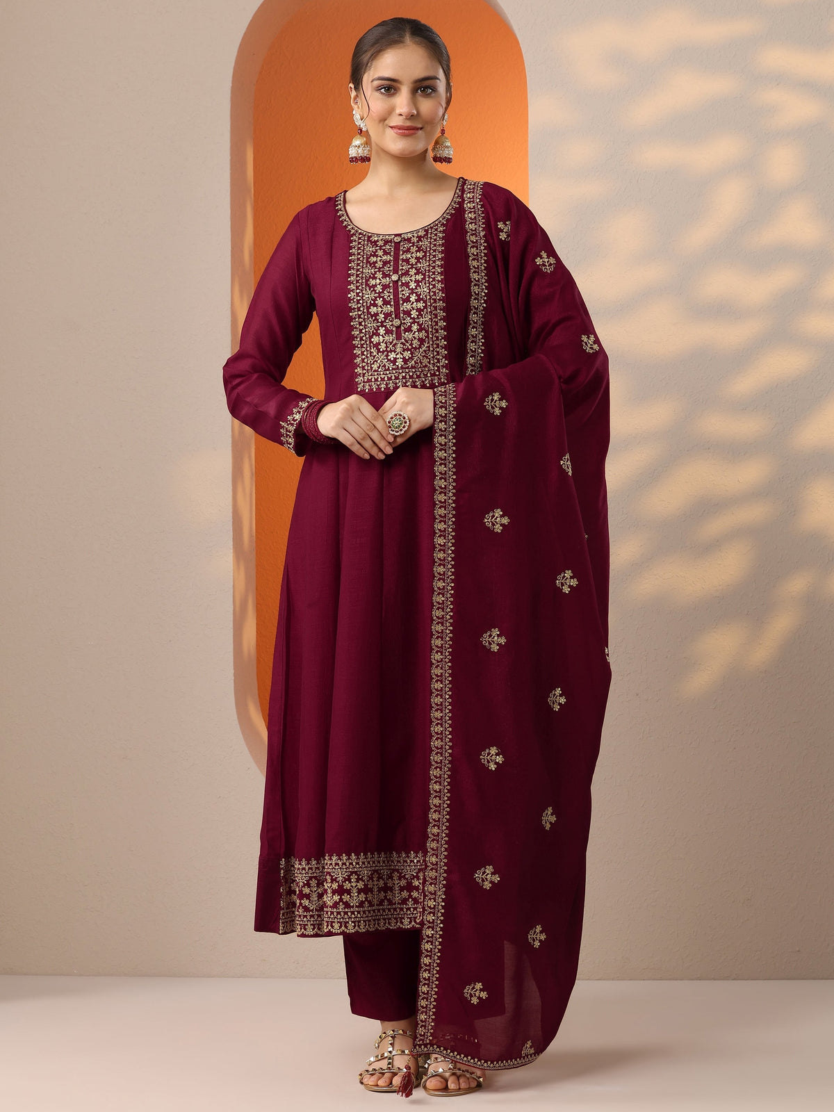 Anouk Maroon Embroidered Silk Blend Anarkali Suit Set With Dupatta