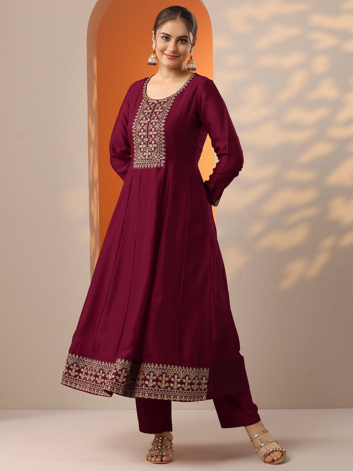 Anouk Maroon Embroidered Silk Blend Anarkali Suit Set With Dupatta