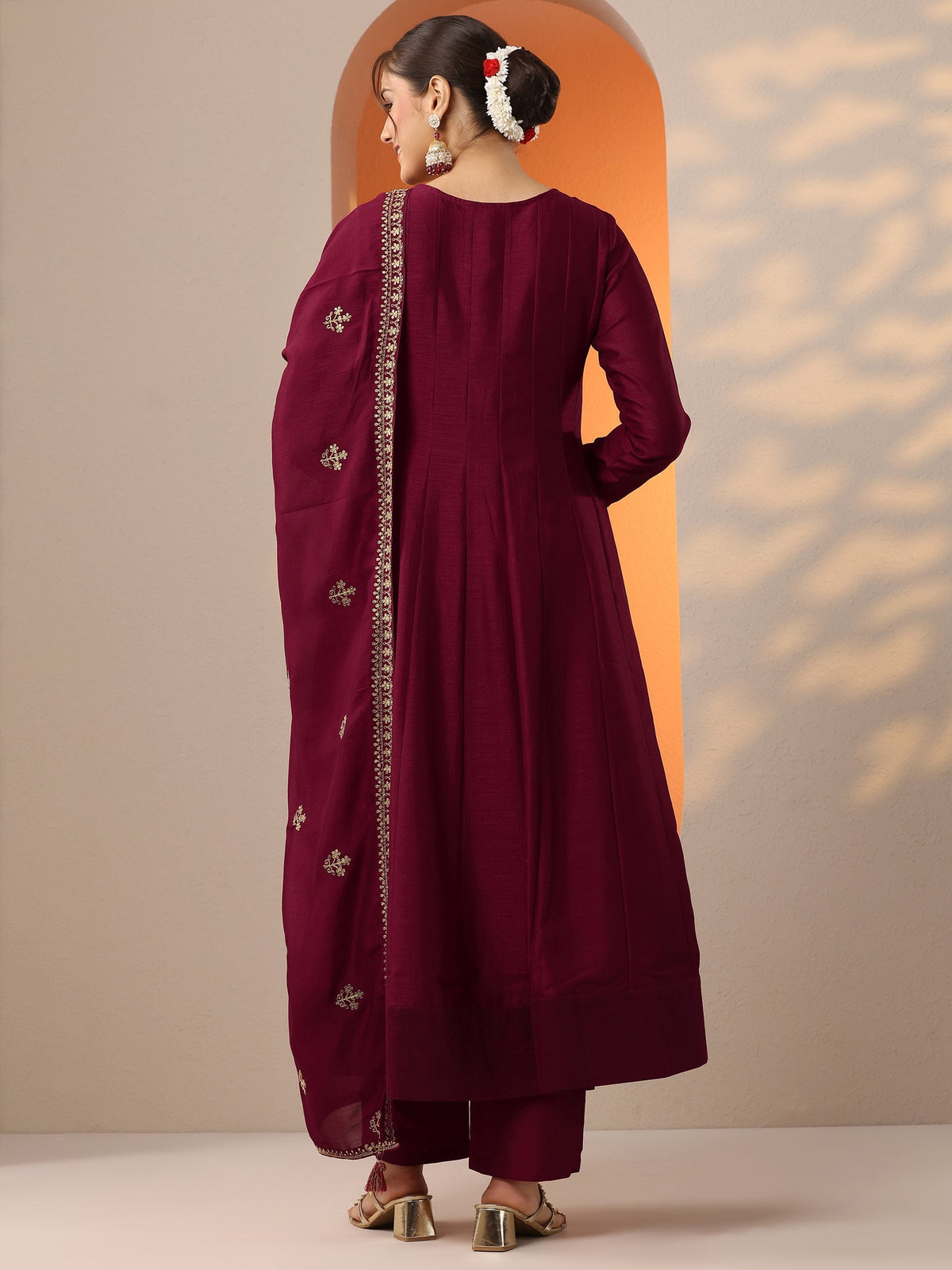 Anouk Maroon Embroidered Silk Blend Anarkali Suit Set With Dupatta