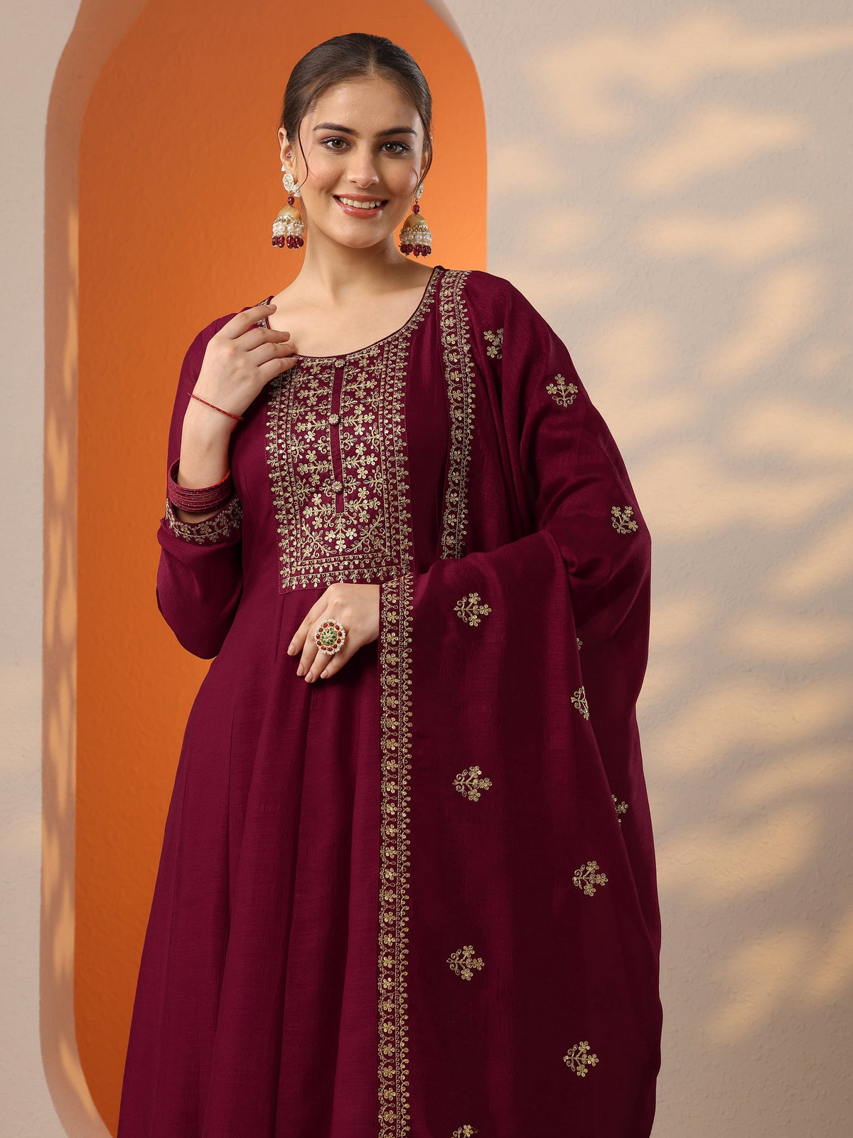 Anouk Maroon Embroidered Silk Blend Anarkali Suit Set With Dupatta